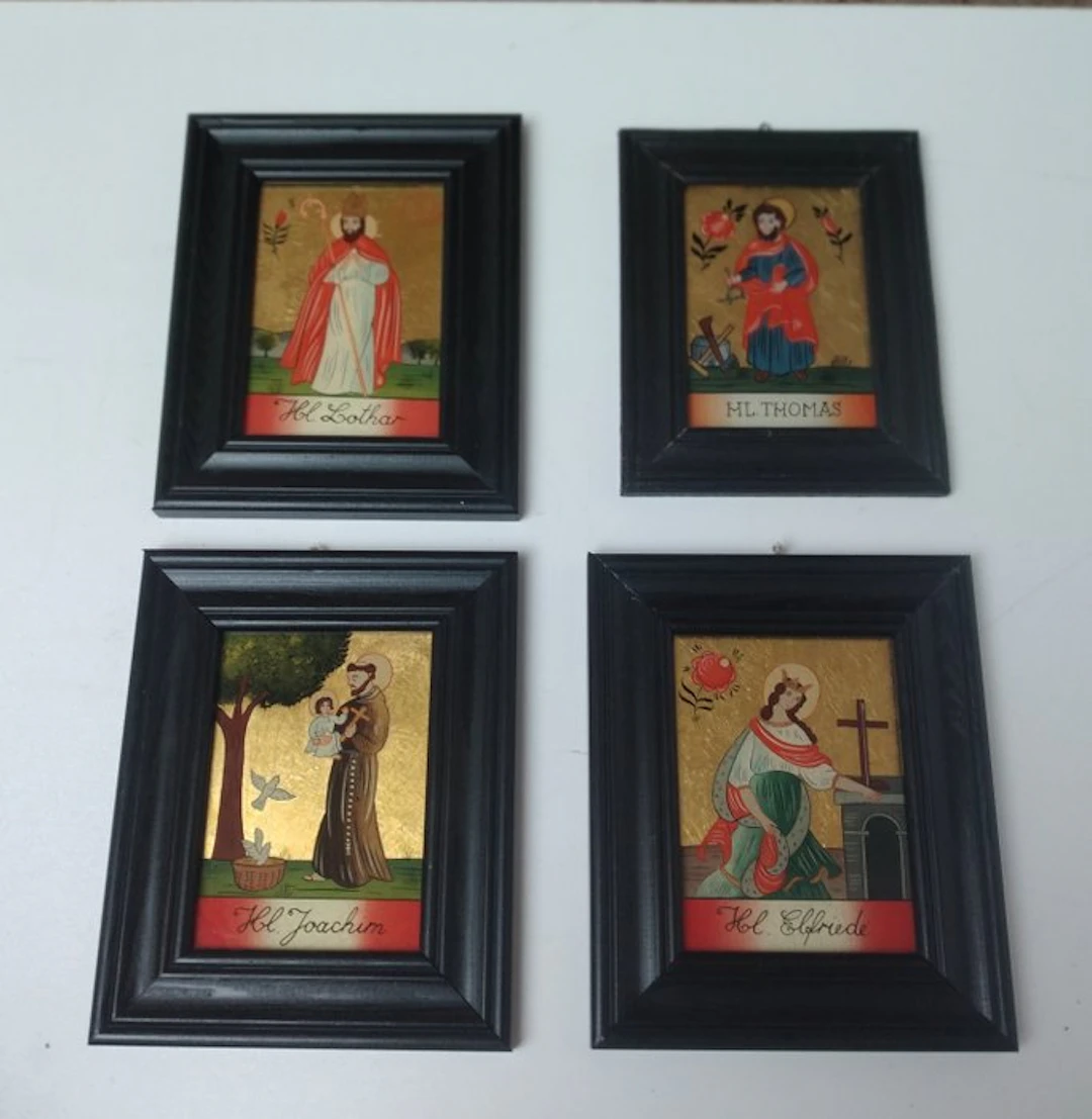 Religious objects (4) - four hand-painted reverse-glass...