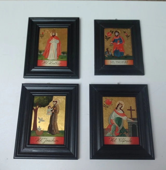 Religious objects (4) - four hand-painted reverse-glass...
