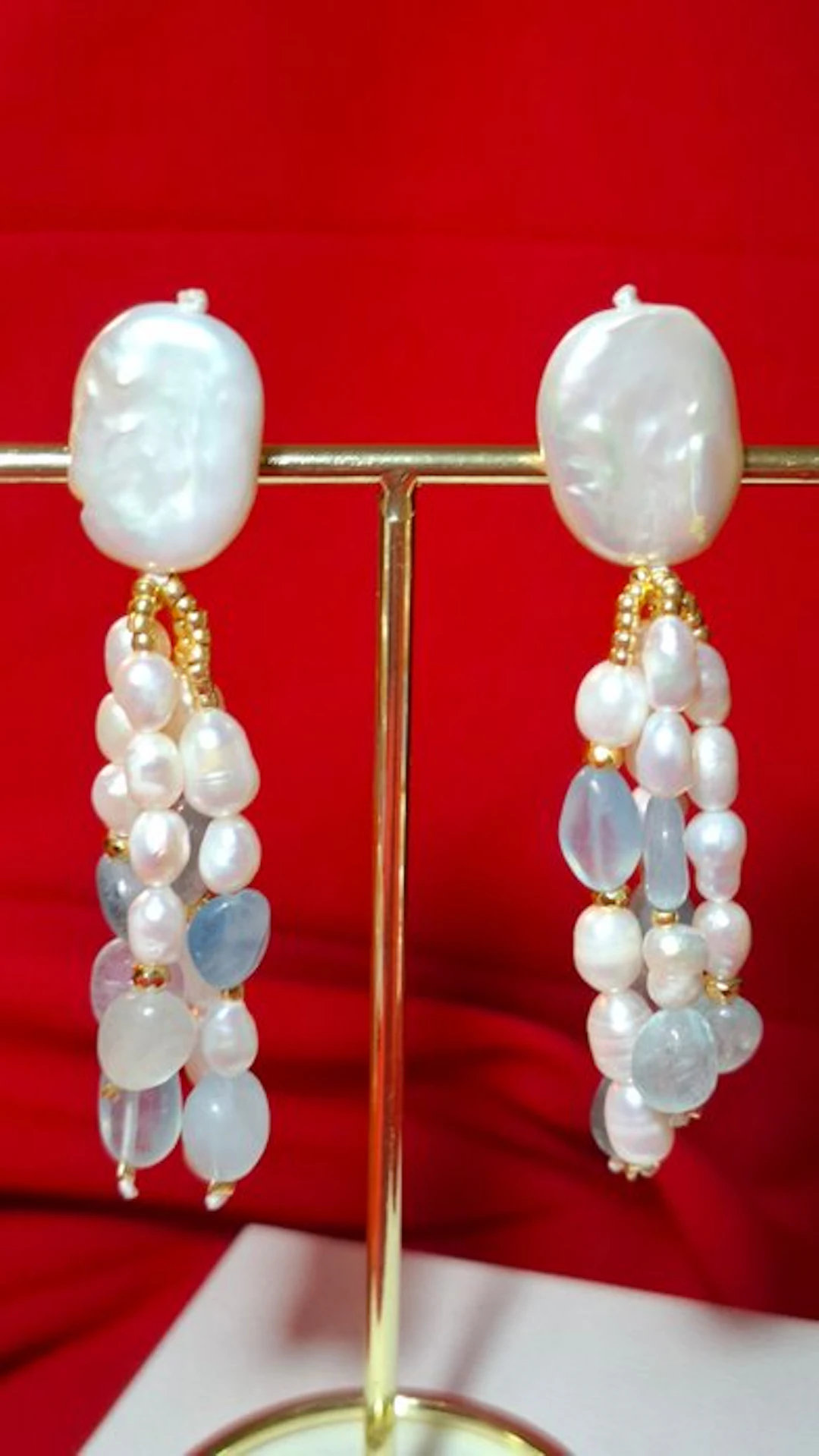 Pearl - Gold-plated - Drop earrings - Pearls and Aquamarine