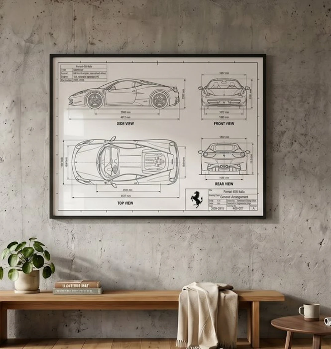 Ferrari 458 Italia — Technical Drawing Framed - Ferrari - 458 Italia