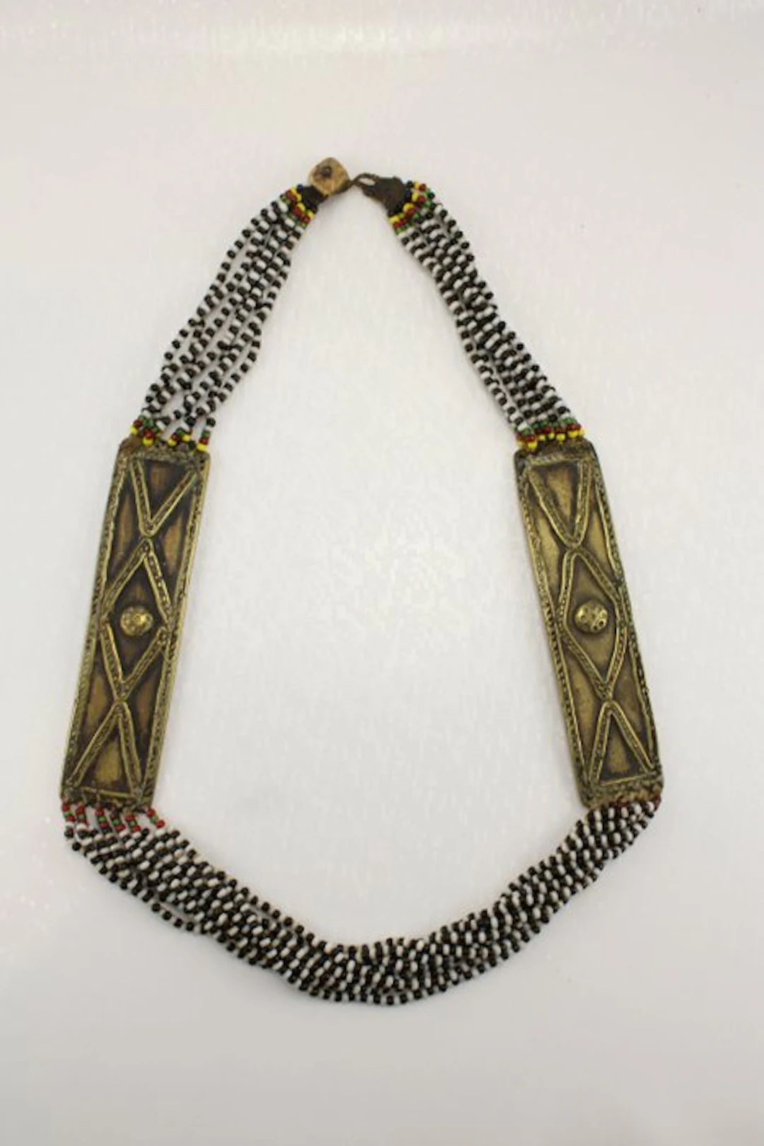 Tribal Multi-Strand Glass Seed Bead & Etched Brass Panel...