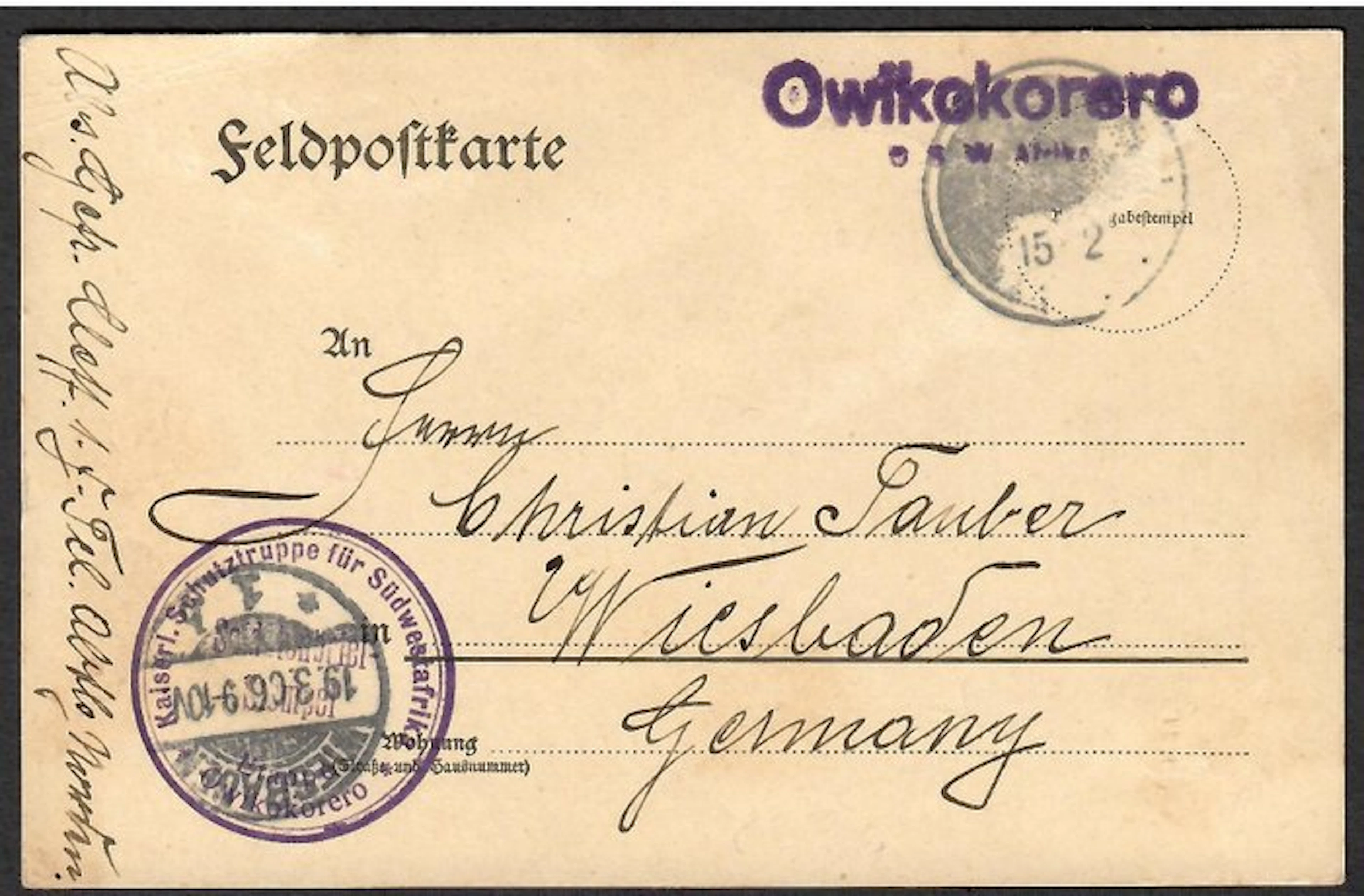 Postmark - German South West Africa field post card with...