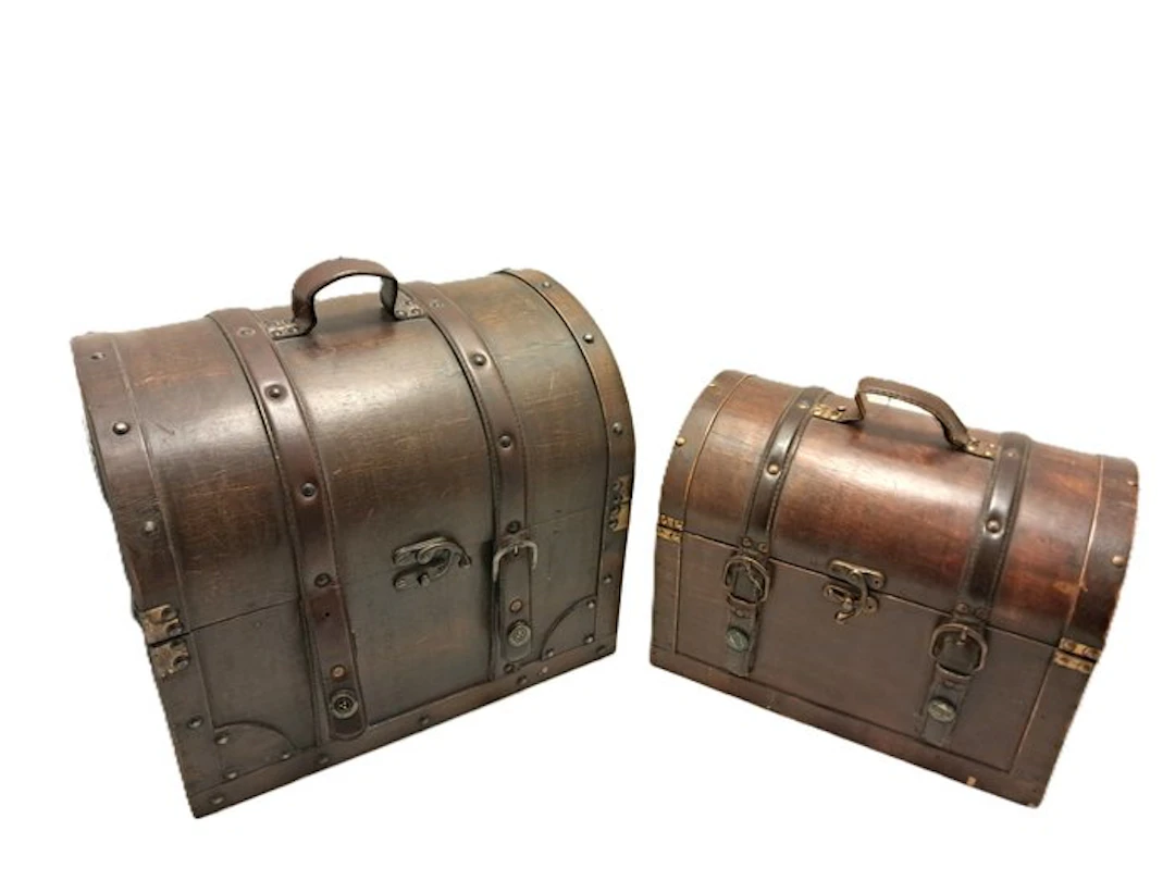 Storage trunk (2) - Wood, Leather - 36 x 32 cm 3.3 kg