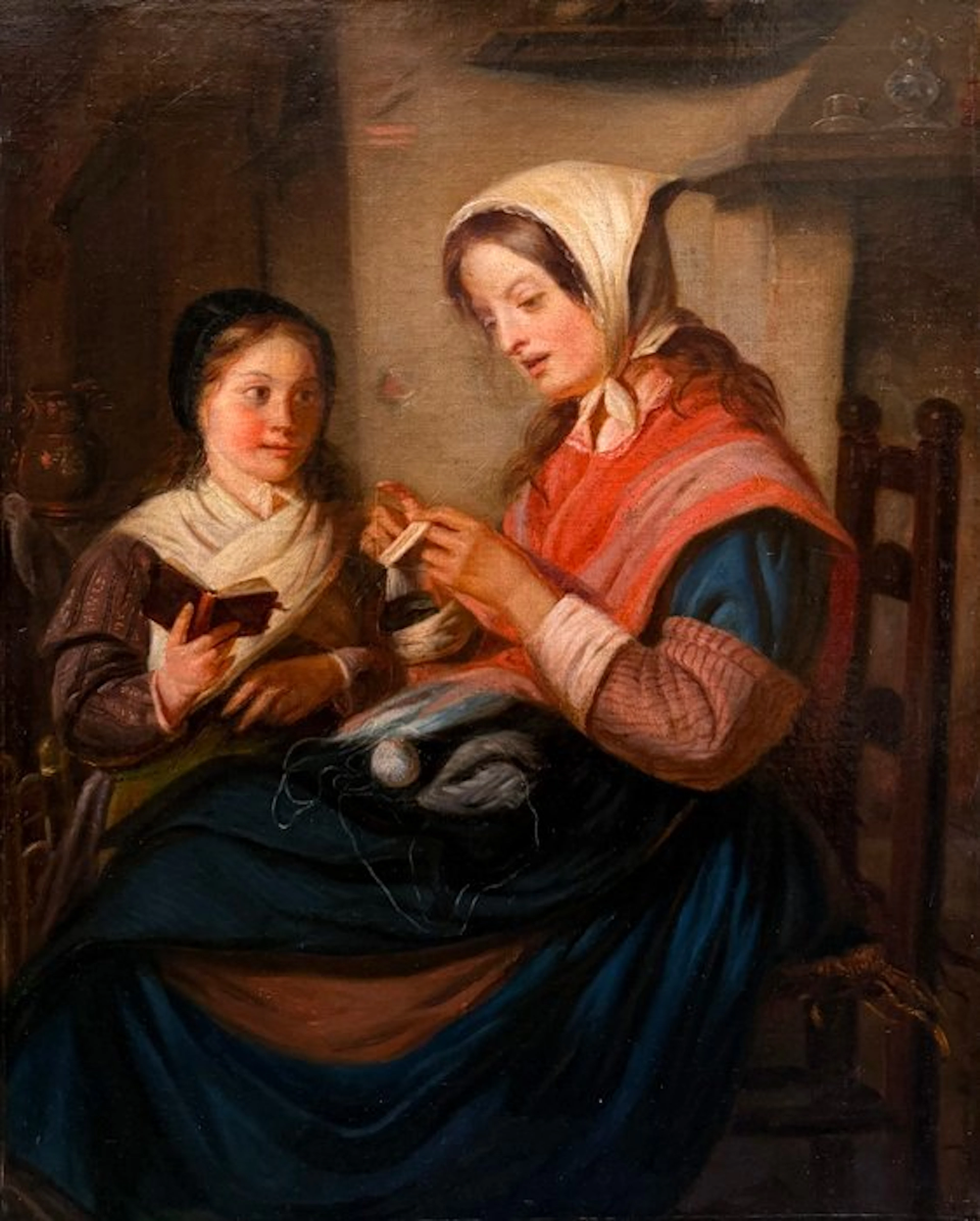 French school (XIX) - La Leçon de couture – Mère et fille