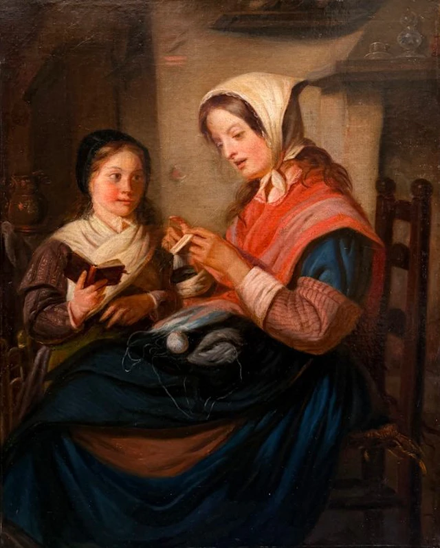 French school (XIX) - La Leçon de couture – Mère et fille