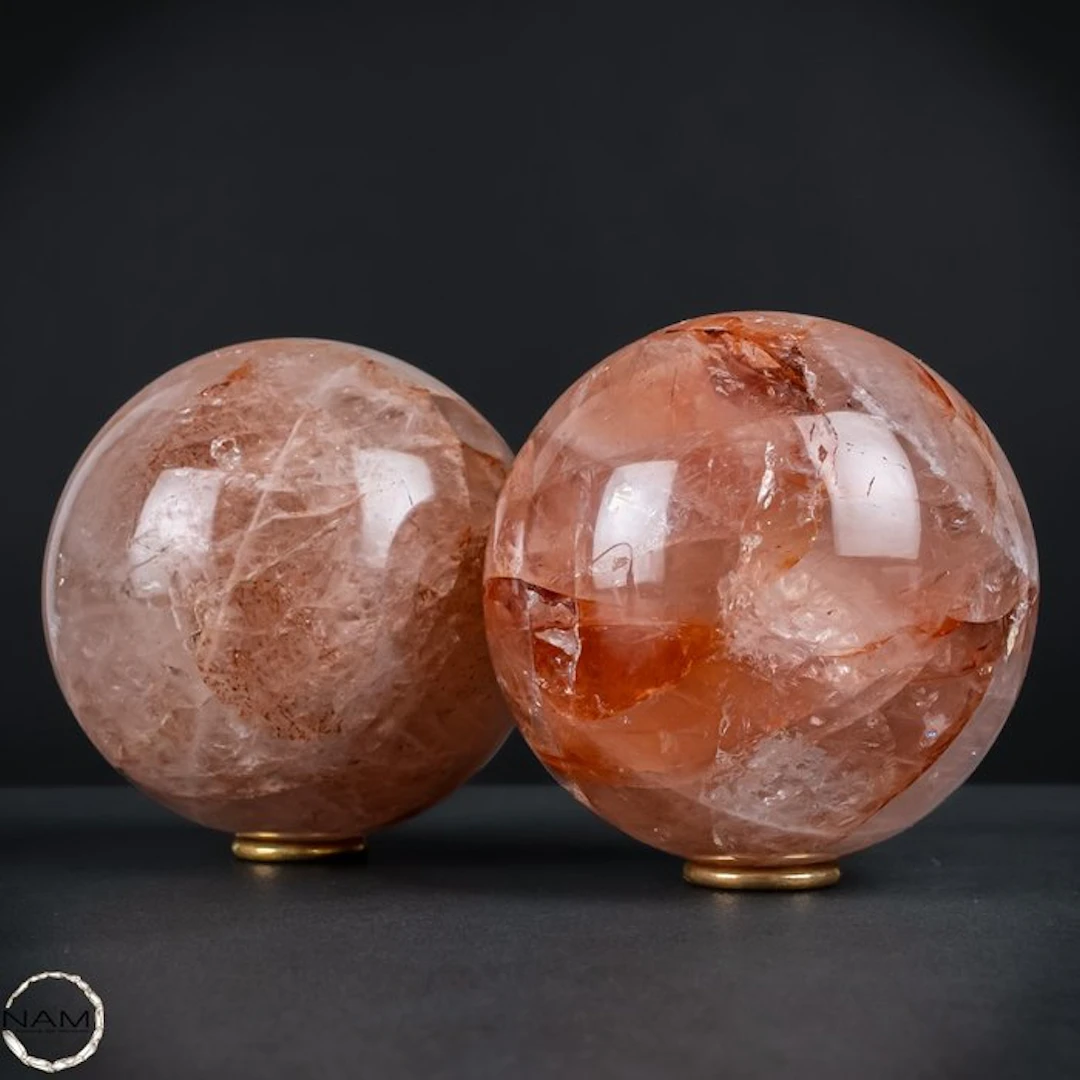 Fiery fire quartz sphere set – two powerful natural stone...