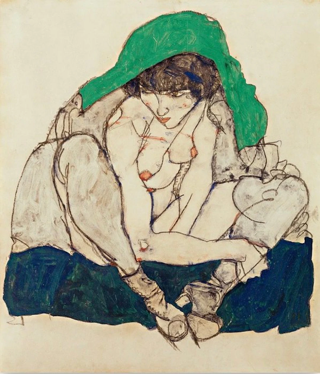 Egon Schiele - “Crouching woman with green headscarf, 1914”.