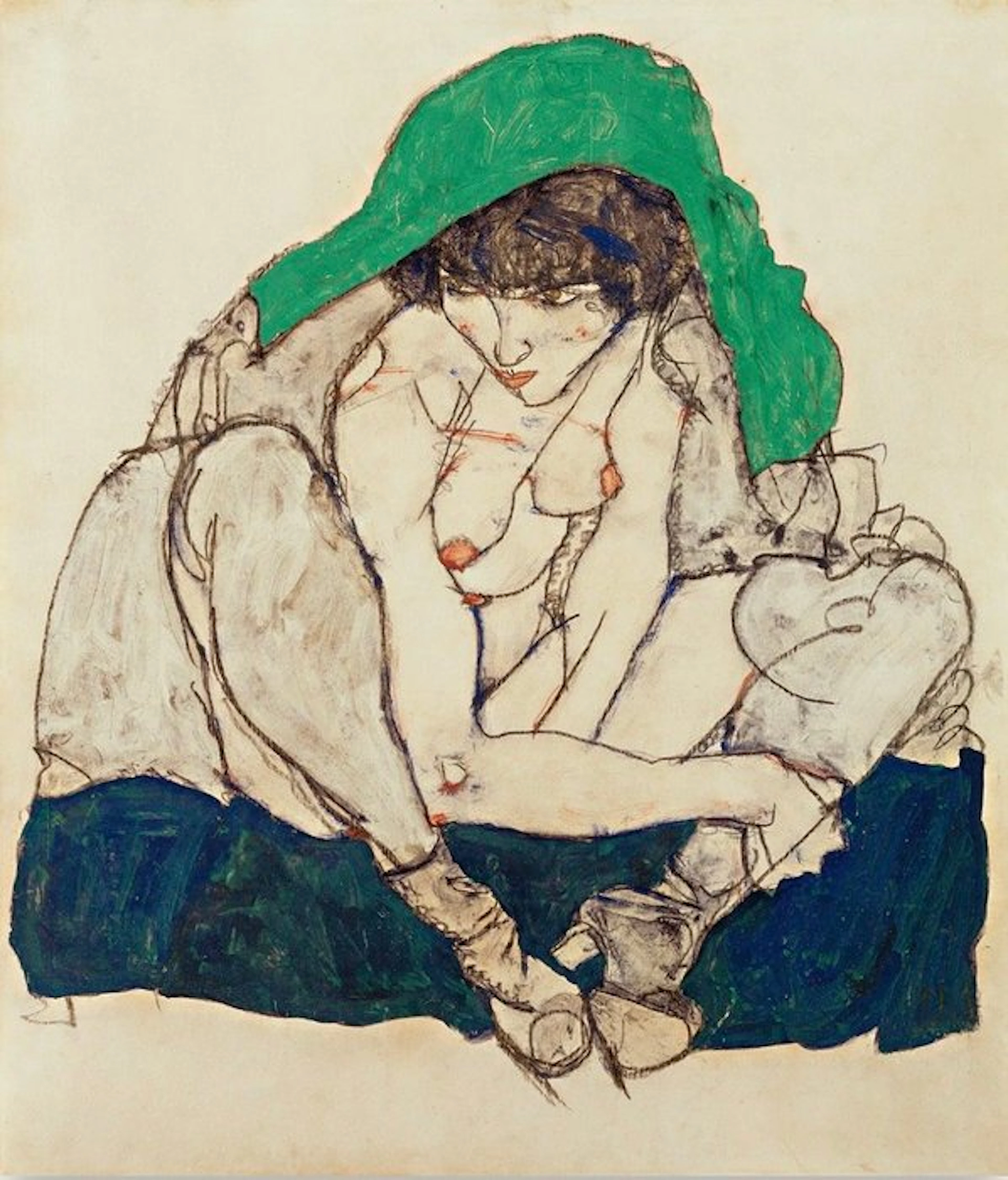 Egon Schiele - “Crouching woman with green headscarf, 1914”.