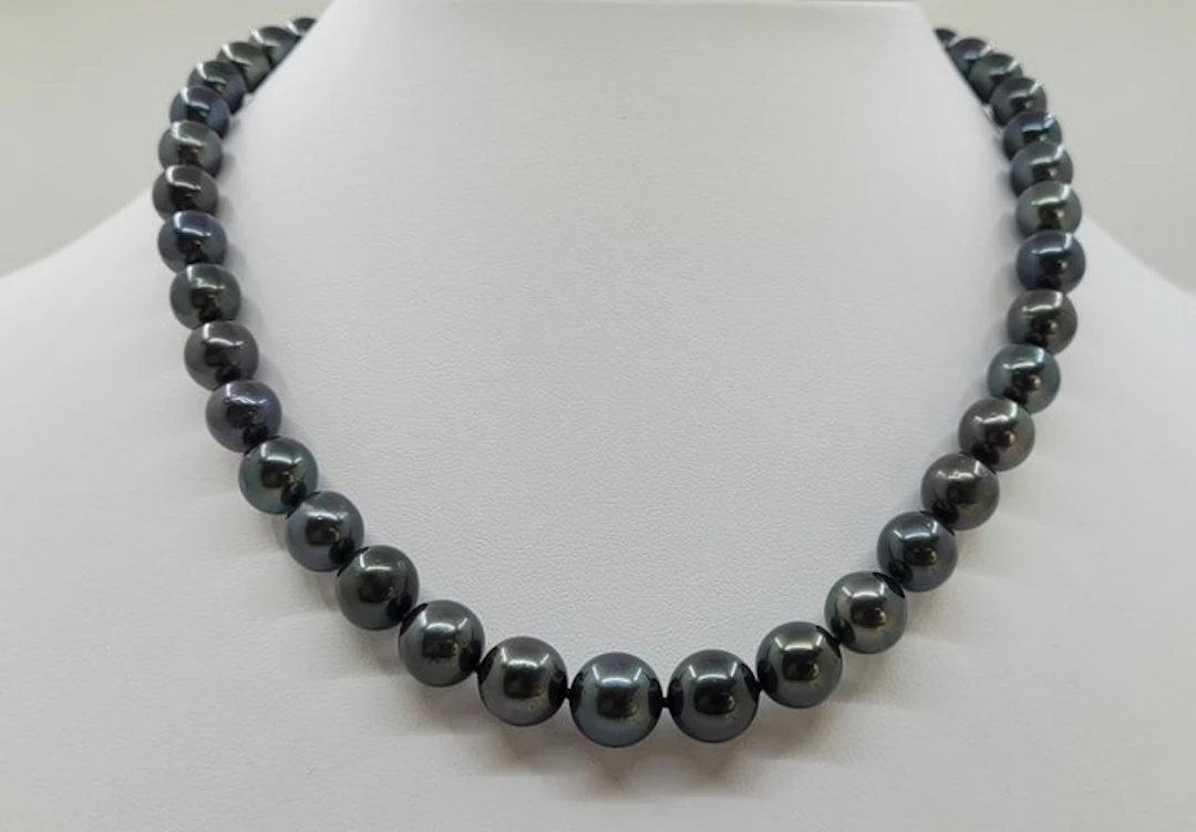 Necklace PSL Certified Peacock Black Tahitian Pearls - 8.0x10.4mm