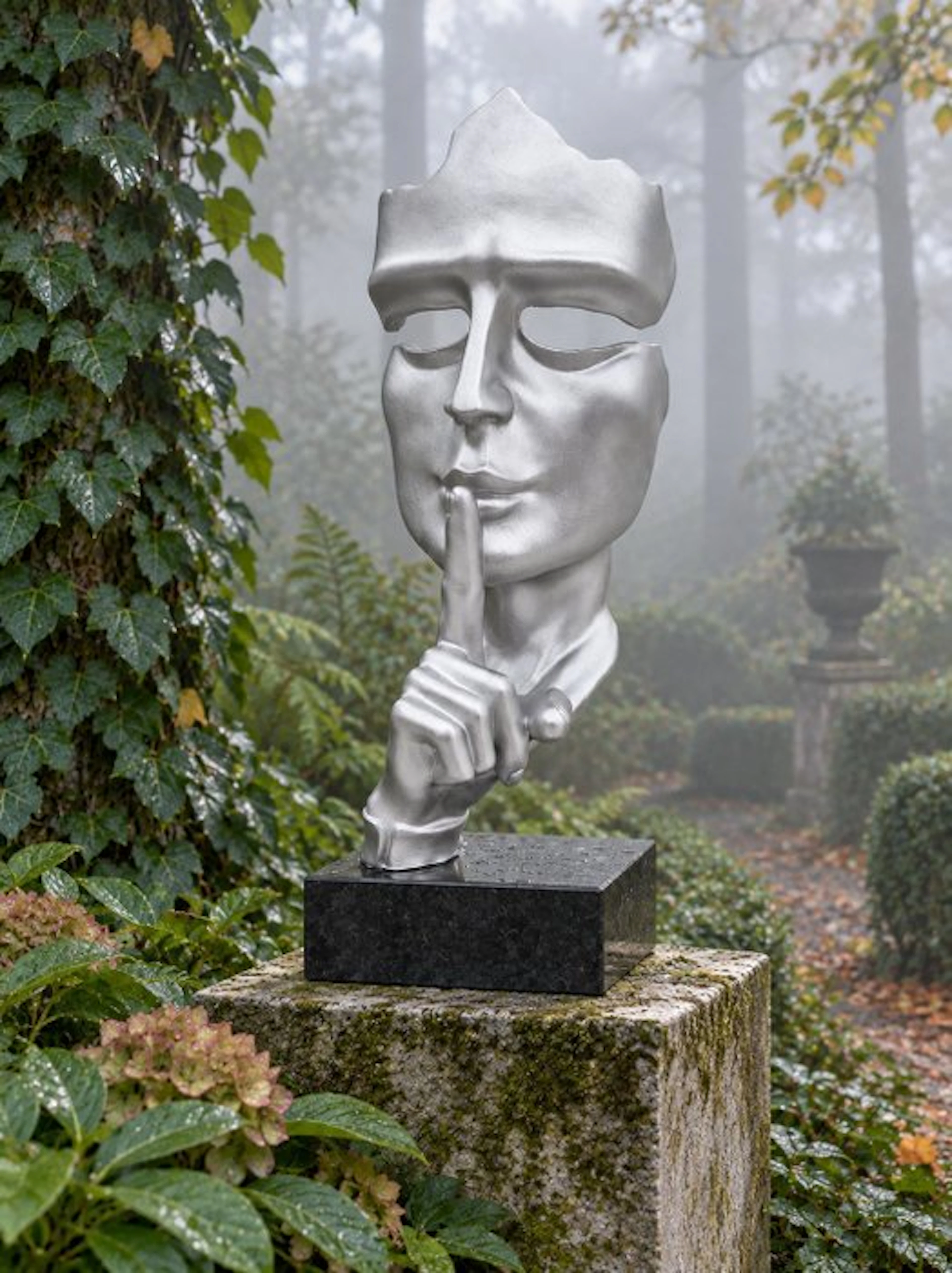 Statue, tuinbeeld op blok zilver - 42 cm - polyresin