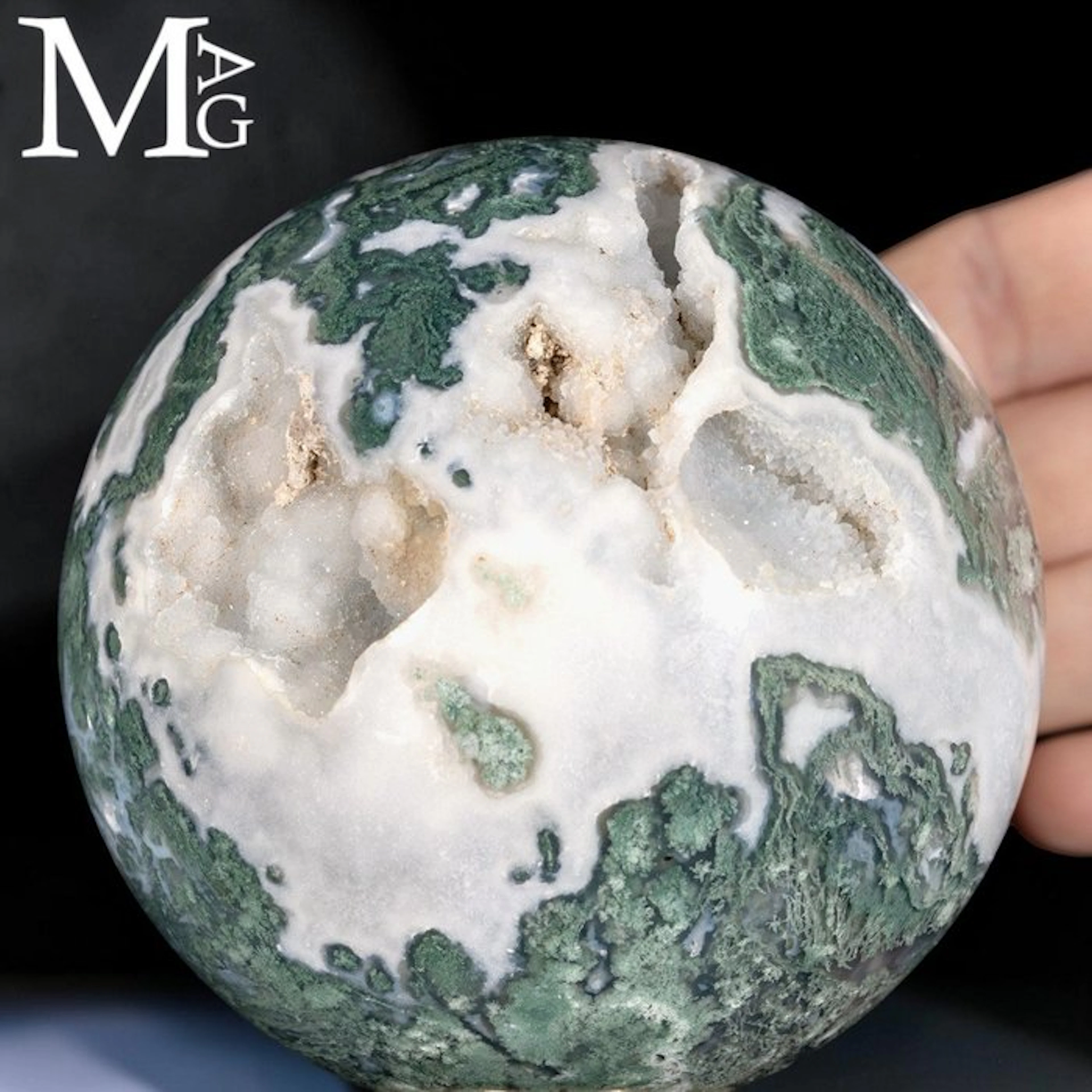 Moss Agate Sphere with Natural Druzy Cavities Dendritic...