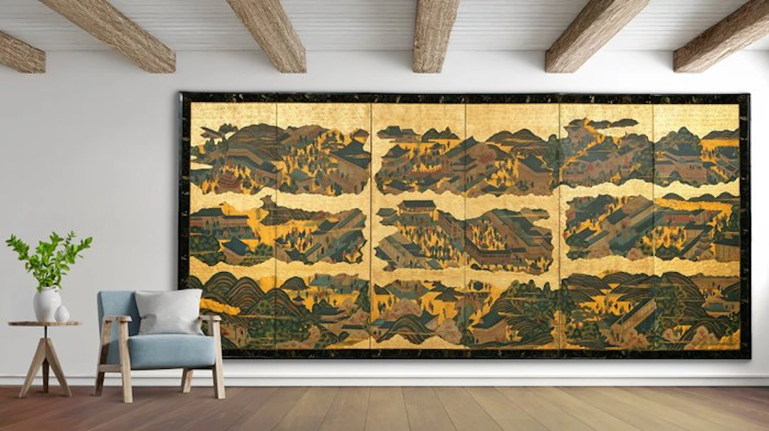 Folding screen with Kyôto genre painting - Silk