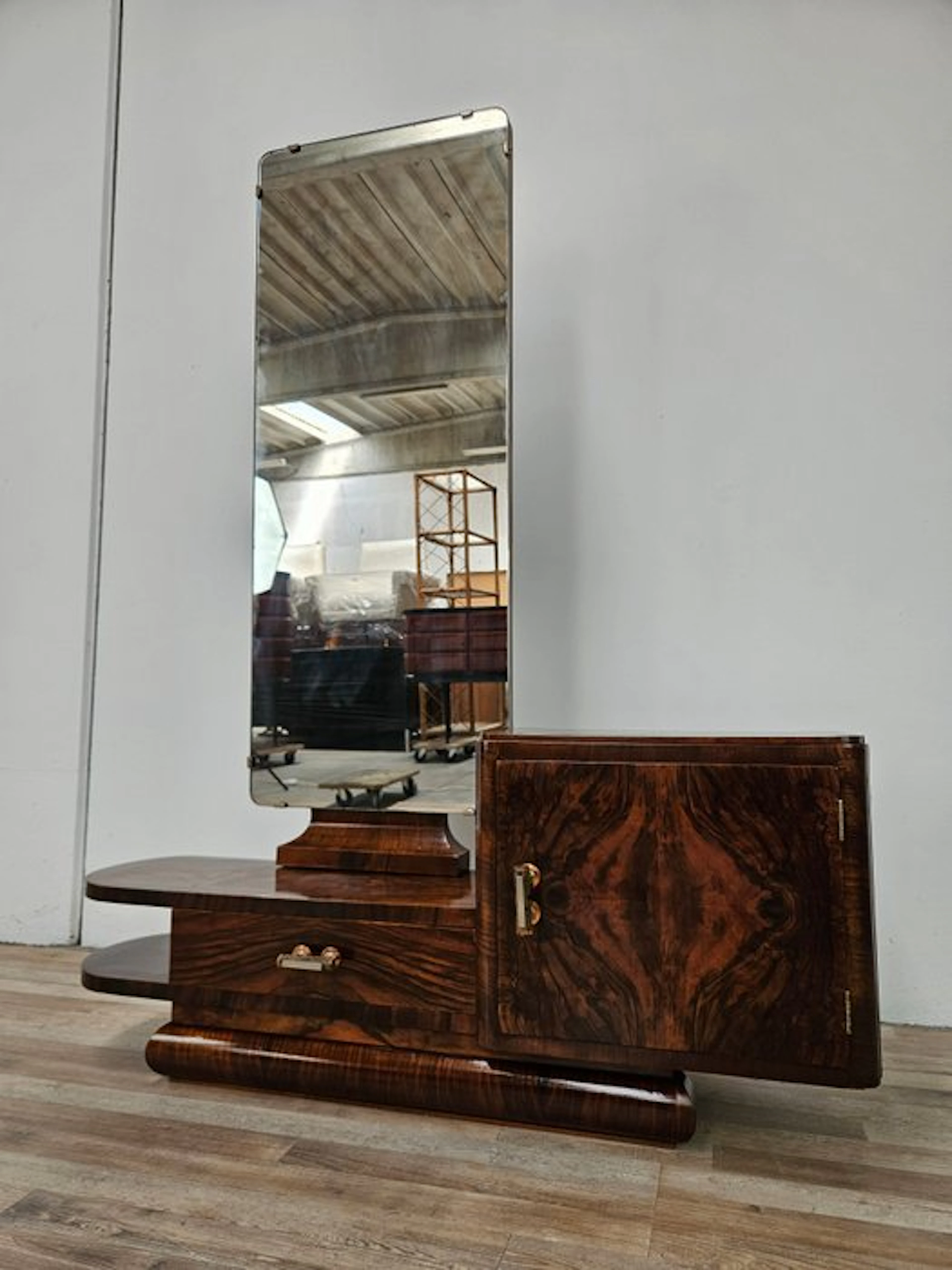 Cabinet - Art Deco vanity in burl walnut with mirror - Glass, Metal