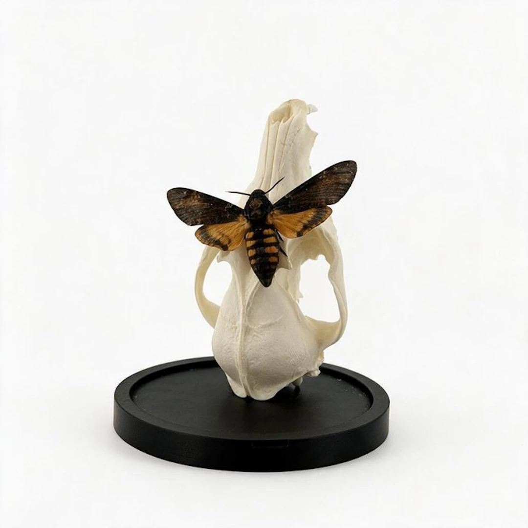 Death's-head hawkmoth on a roe deer skull