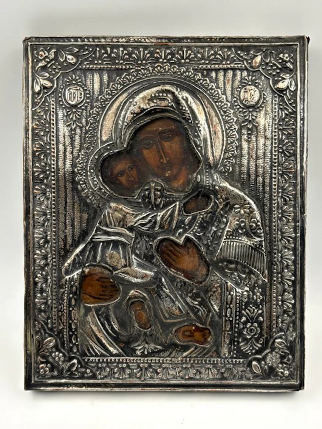 Icon - Madonna and Child - Wood, silvered metal, hand-painted, velvet