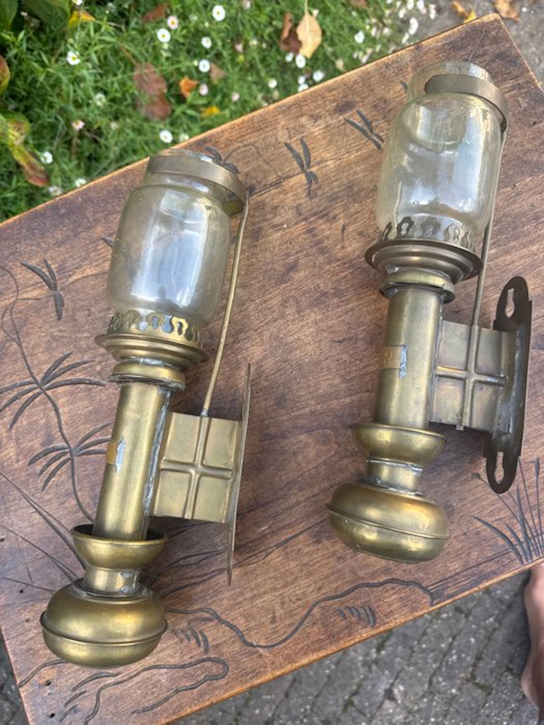 GNR - Wall lamp (2) - Brass, Glass - Brass wall-mounted oil lamps