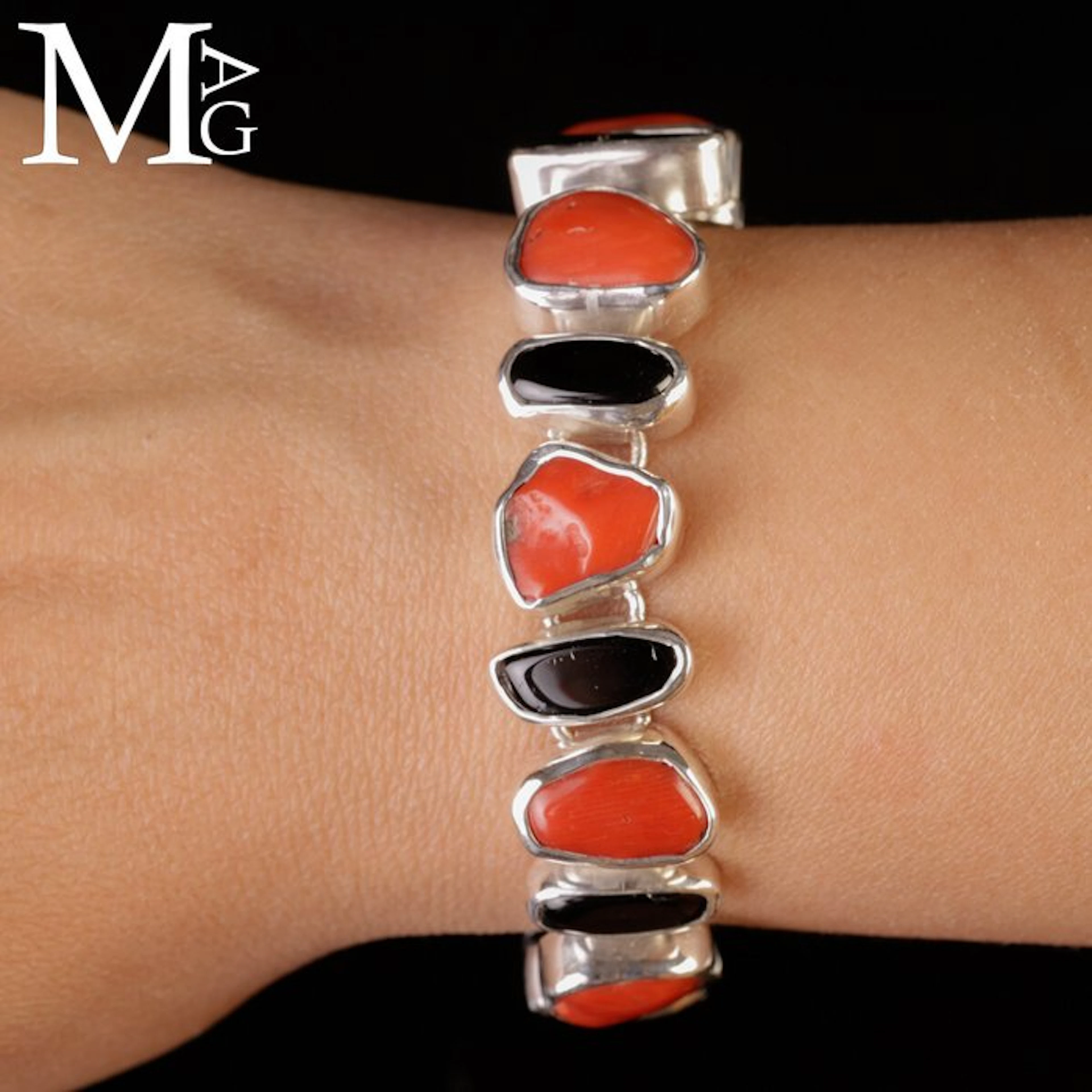 Silver Bracelet with Red Coral and Black Tourmaline...