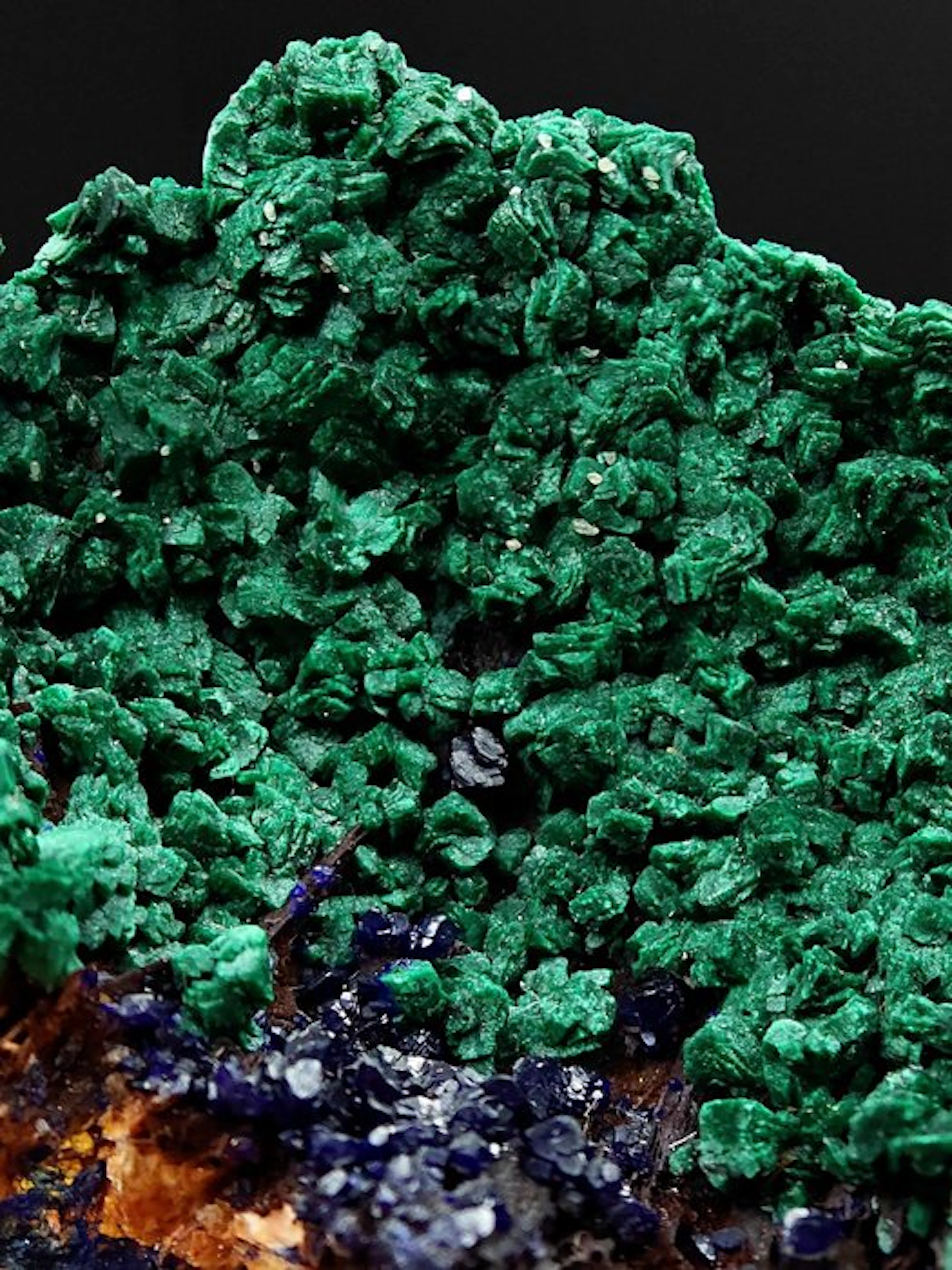 Azurite with green malachite on barite