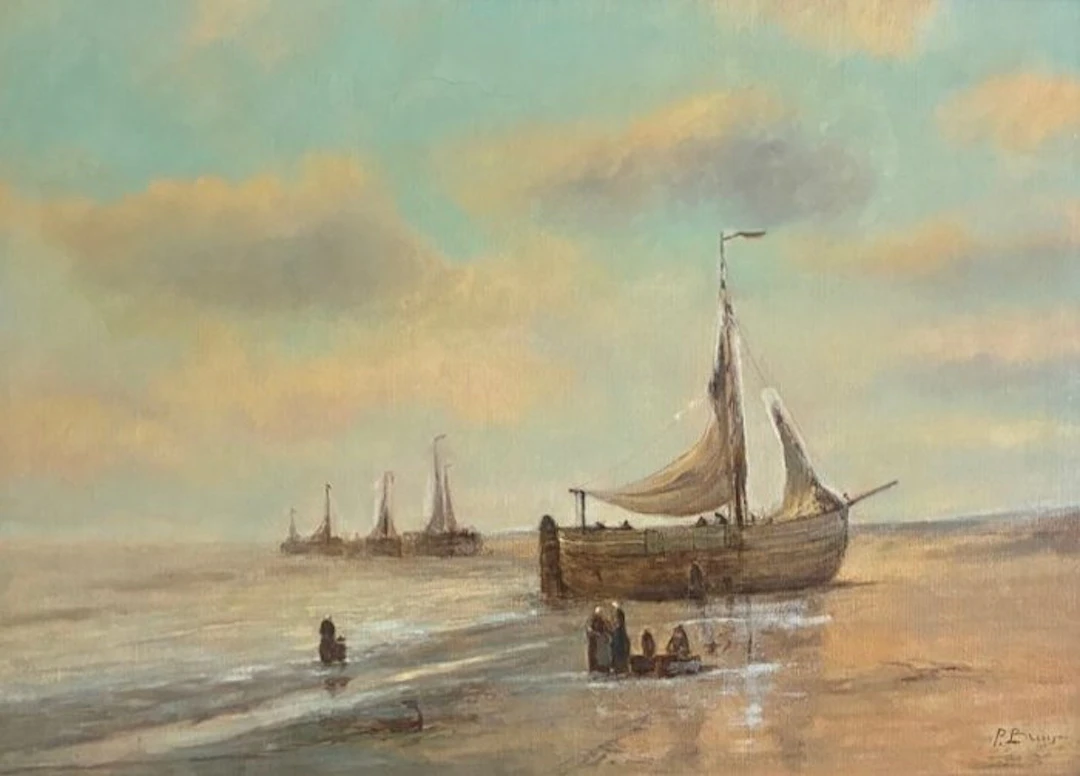P. Bruyn (1857-1947) - Bomschuiten op het strand