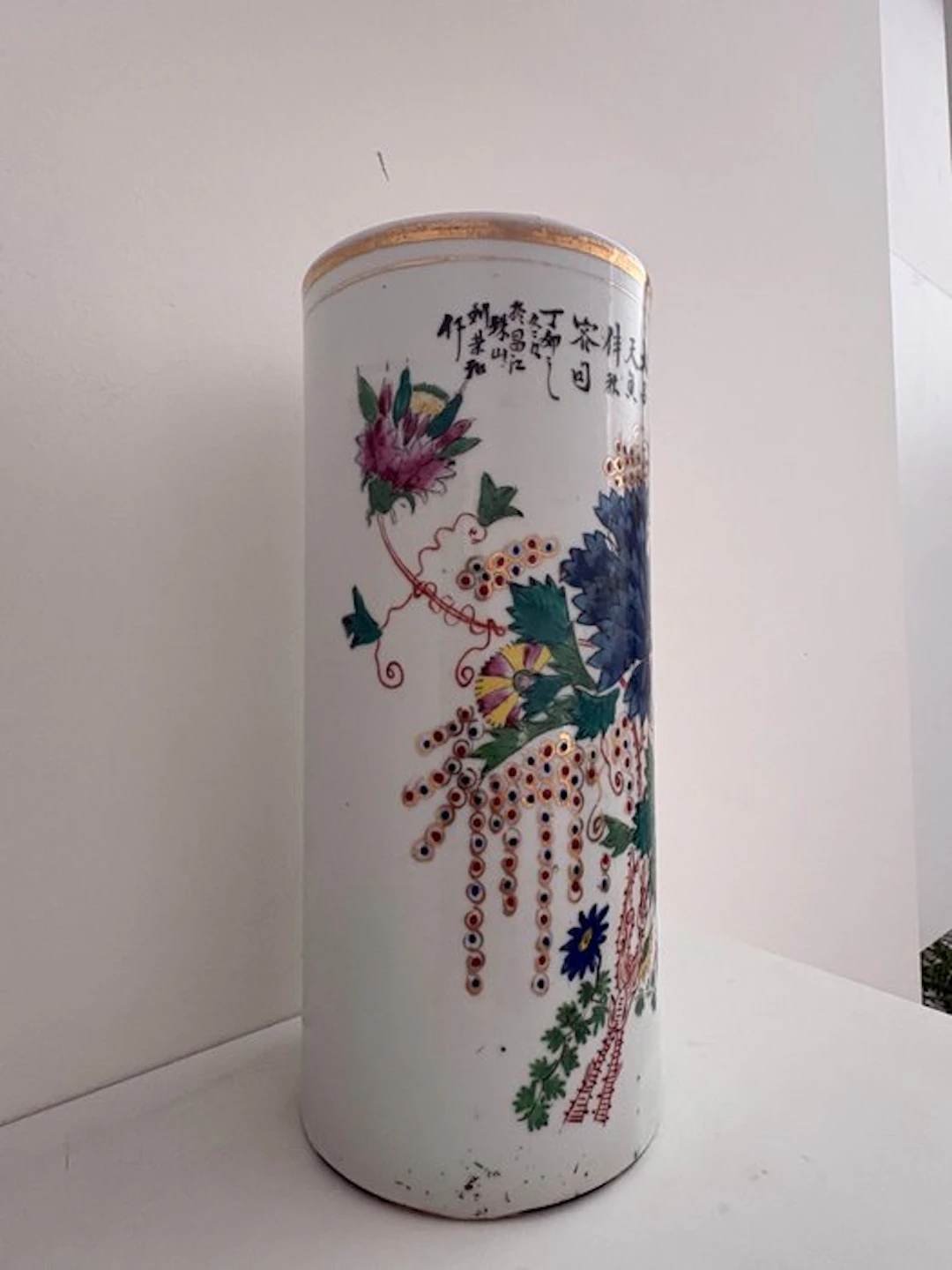 Republic Period Famille Rose Cylindrical Vase by Liu Yucen (刘雨岑)