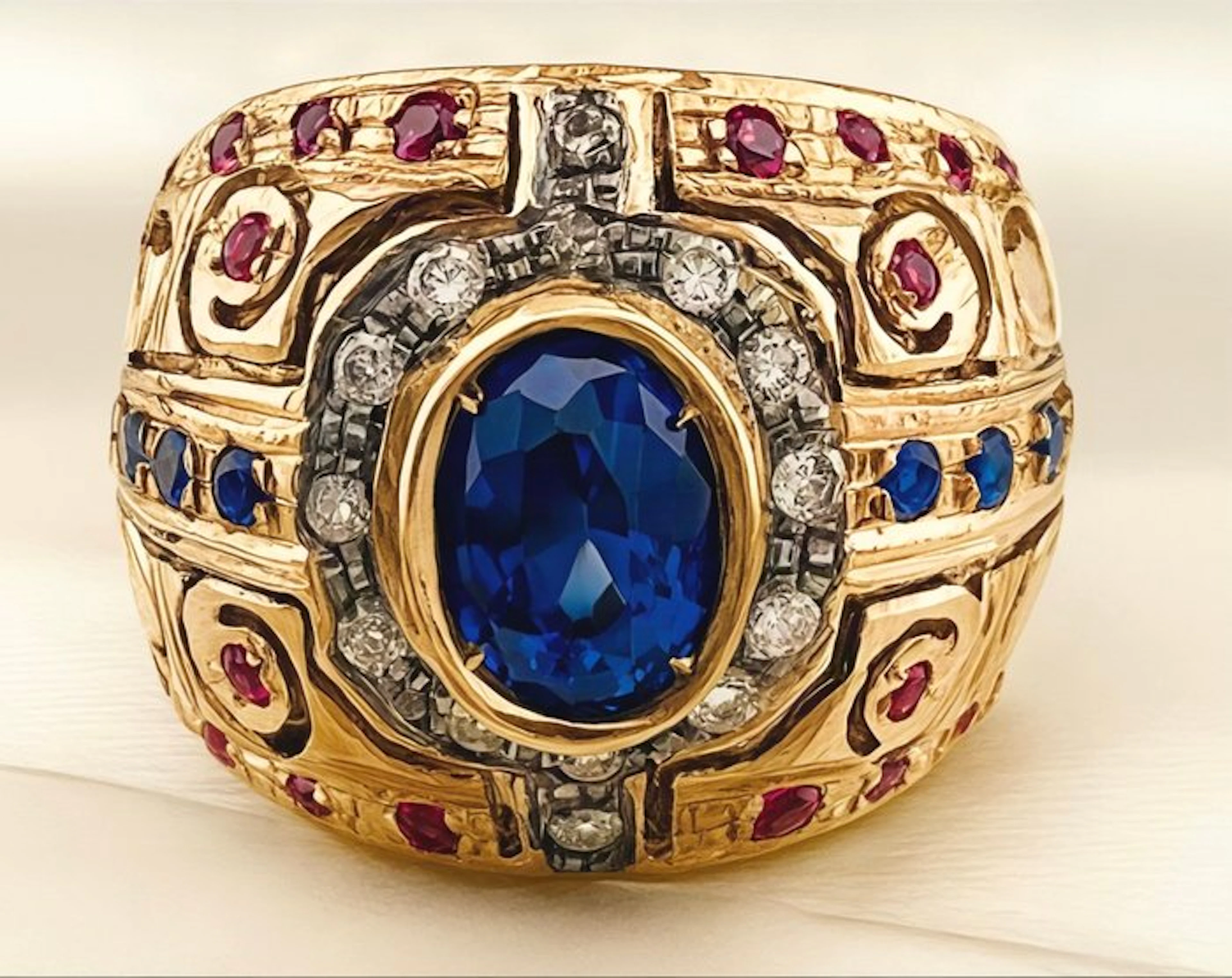 No reserve price - Ring - 9 kt. Yellow gold, Silver Sapphire - Ruby