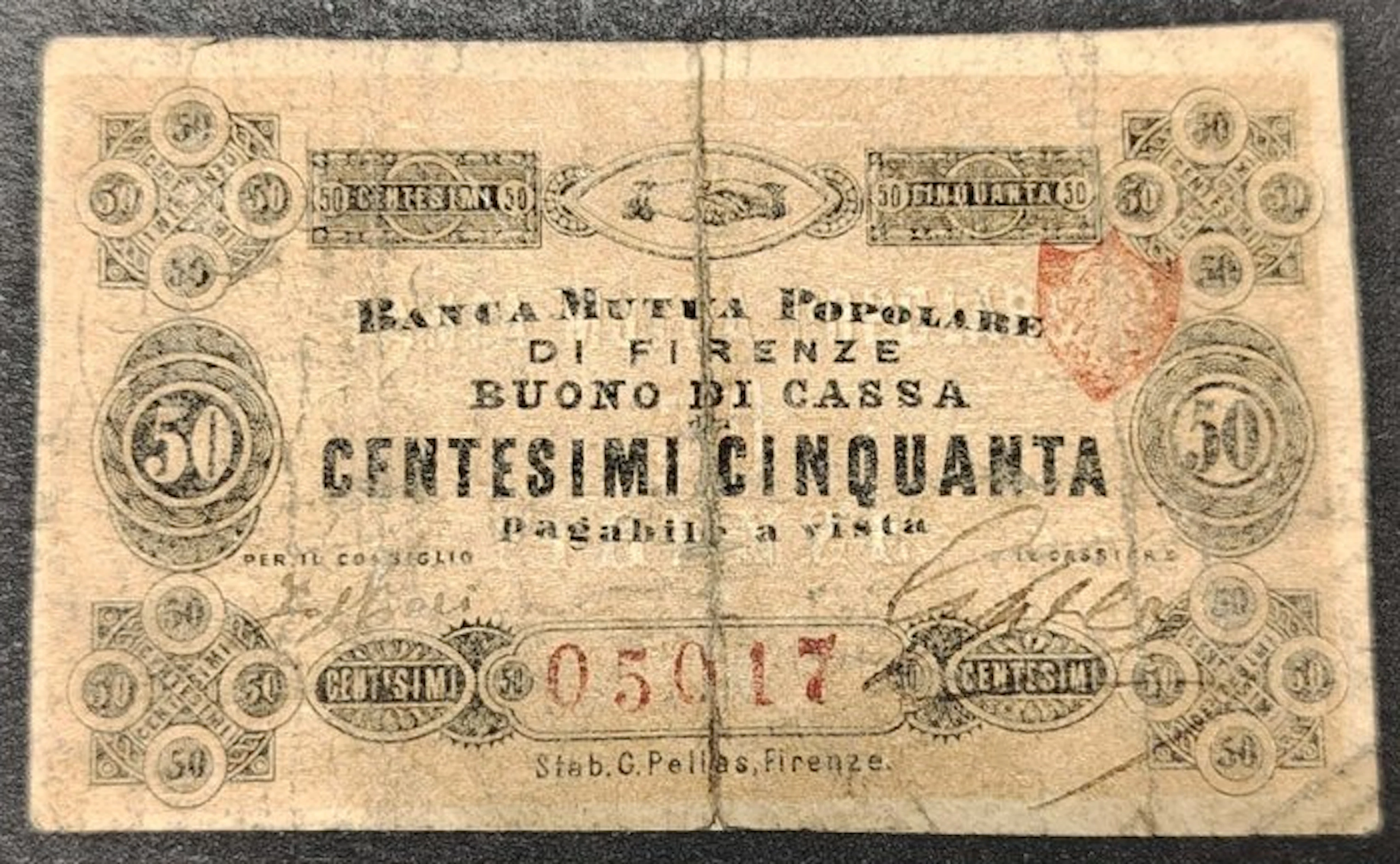 Italy. 5O Centesimi 06/04/1872 - Banca Mutua Popolare di...