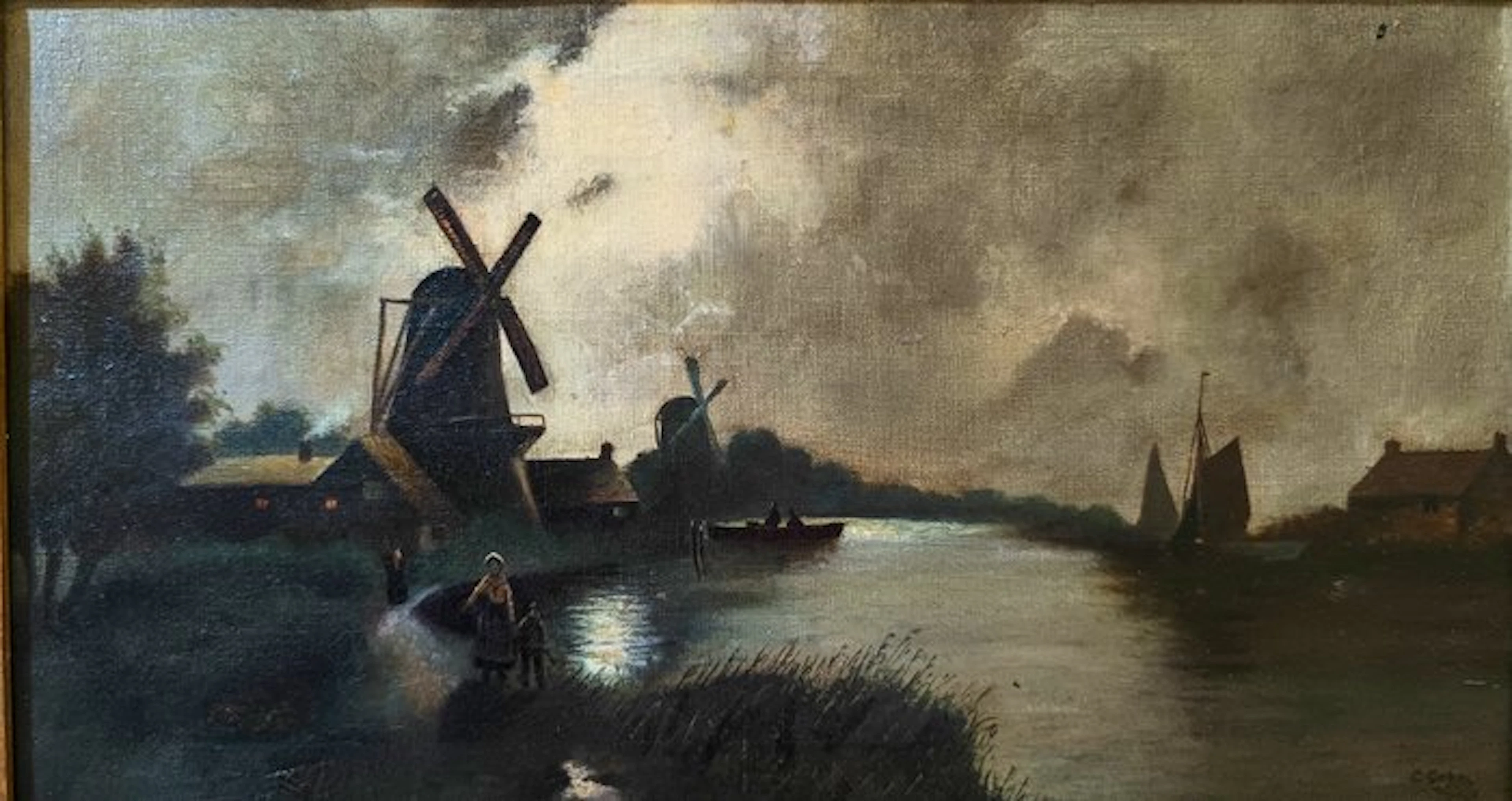 Dutch school (XX) - Paesaggio olandese al chiaro di luna - No Reserve