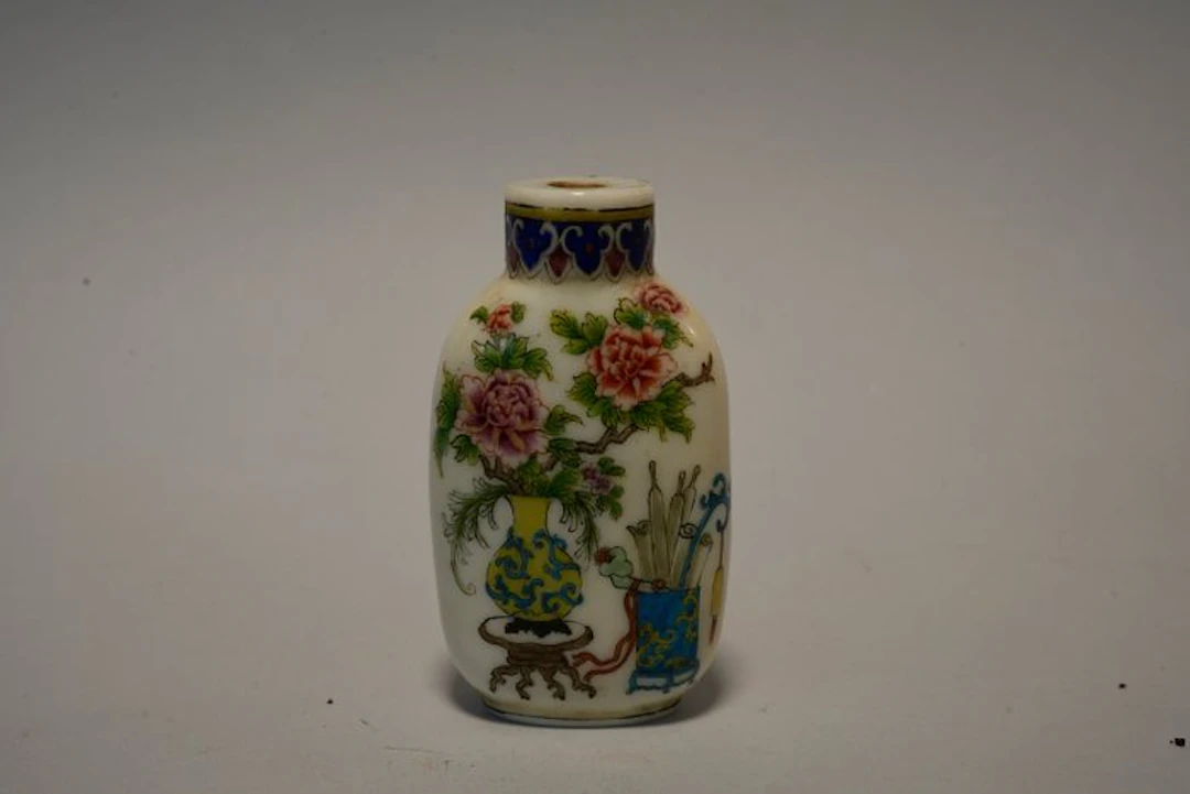 20th Century Glass Snuff Bottle with Hand-Painted Antique...
