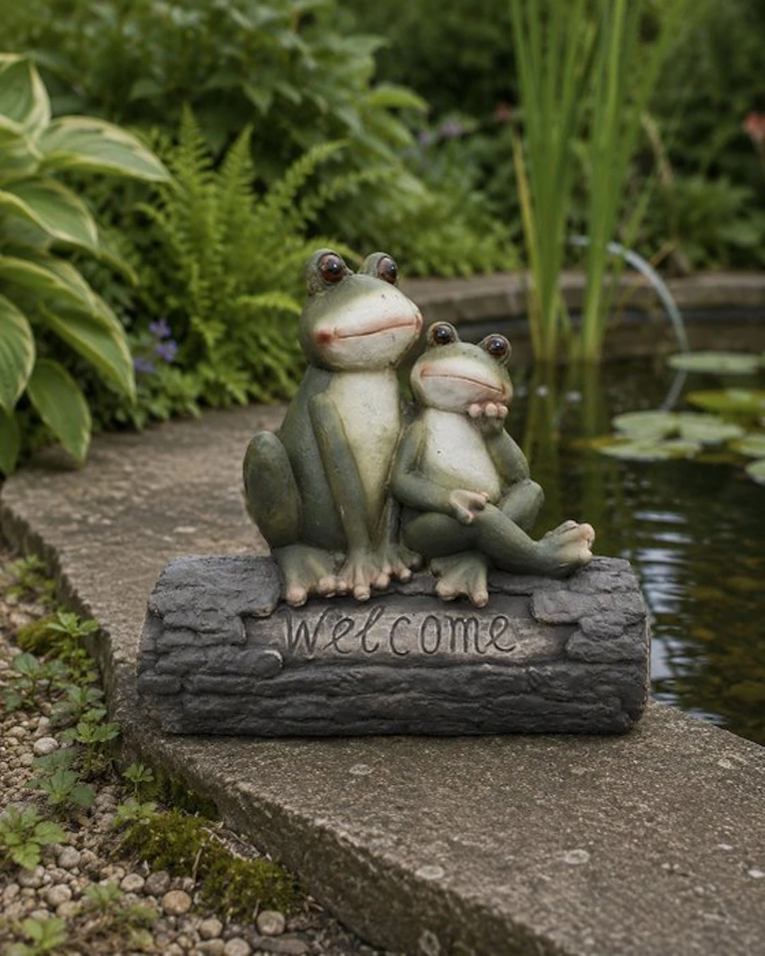 Statue, garden statue 2 frogs on tree trunk - 41 cm - polyresin