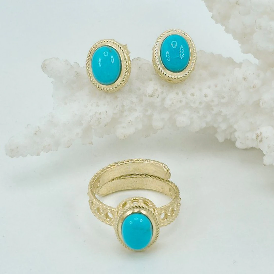 Turquoise - Silver, Gold-plated - 2 piece jewellery set - Turquoise Arizona
