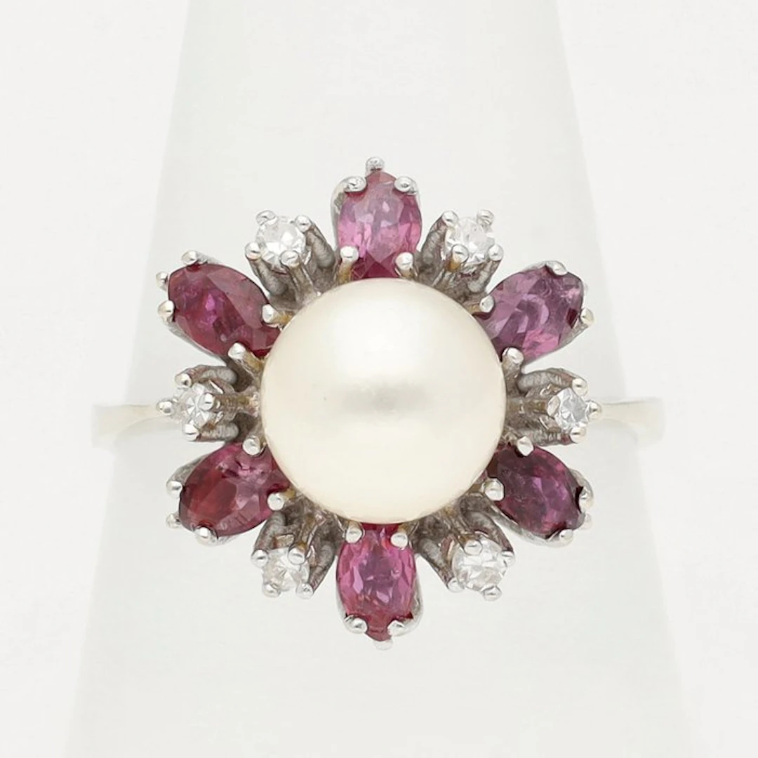 Ring - 14 kt. White gold Diamond (Natural) - Pearl - Ruby