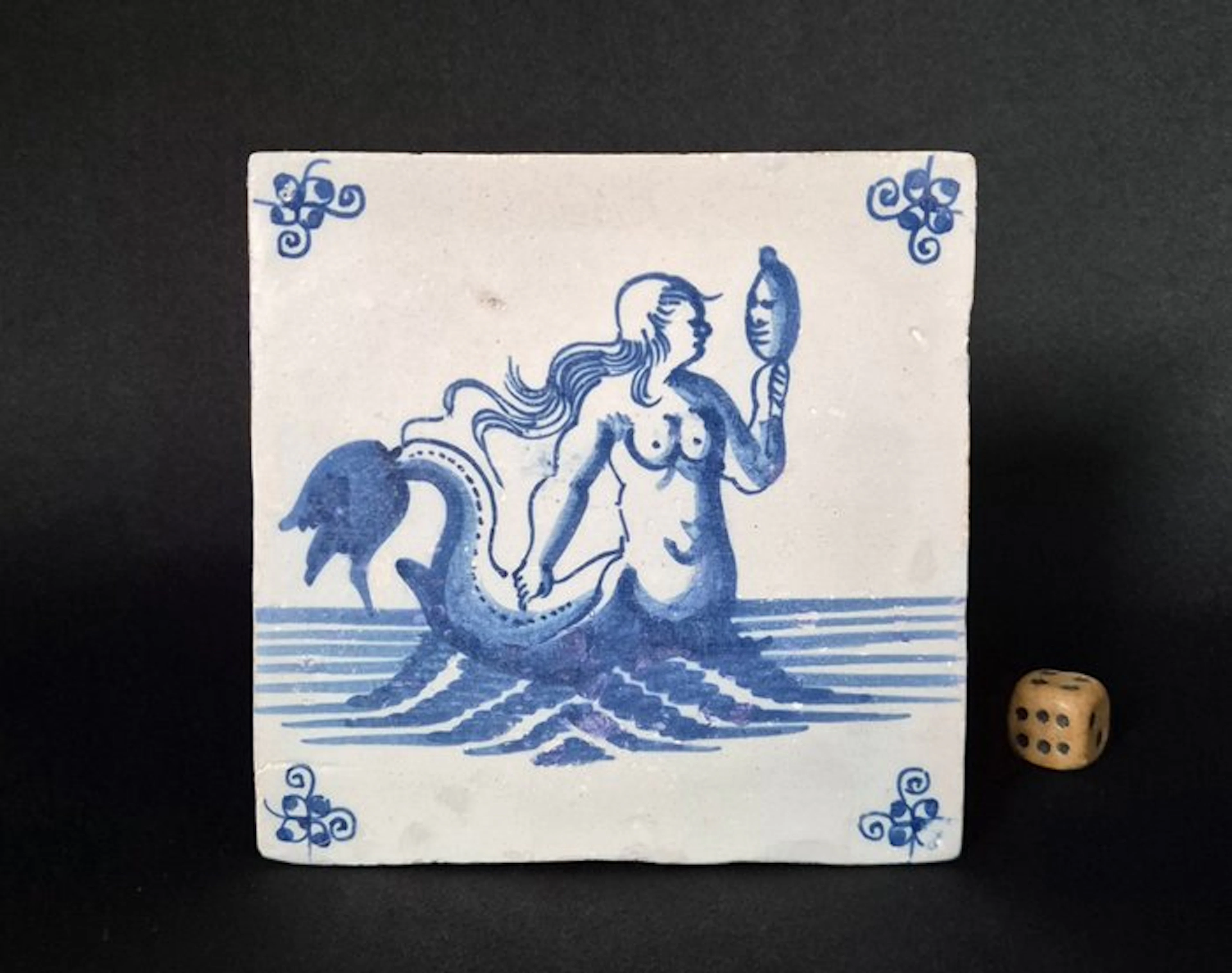 Antique Tile - Sea creatures - Antique - 1650-1700 - Mermaid circa 1680