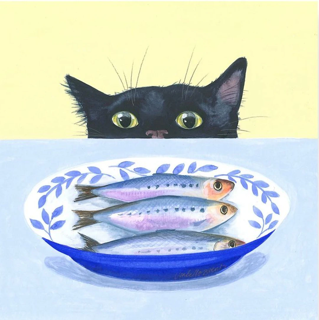 Isabelle Brent - “Gourmet Cat”. Gesigneerd in de plaat. - 40 x 40 cm.