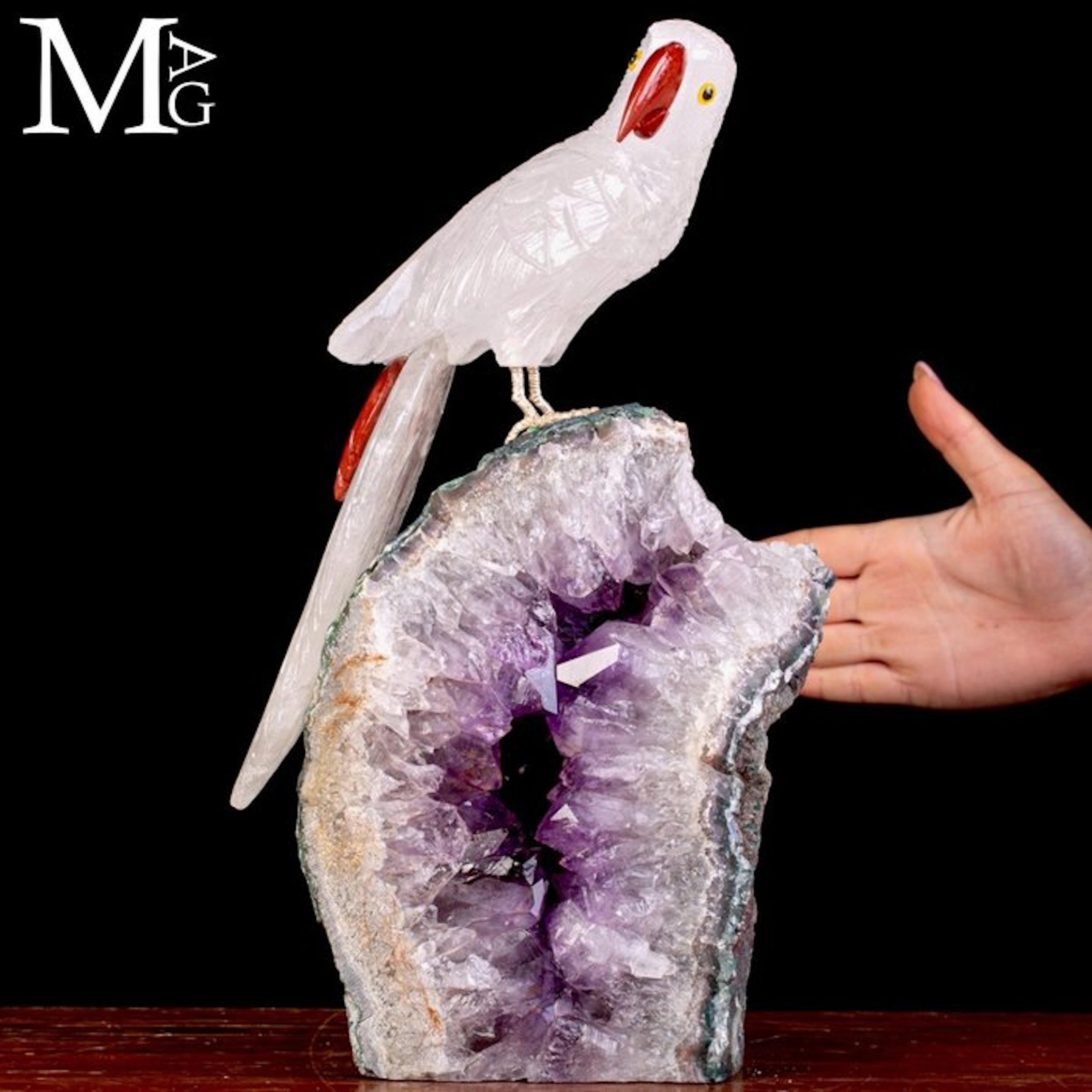 Carved Rock Crystal Parrot with Vibrant Red Quartz...