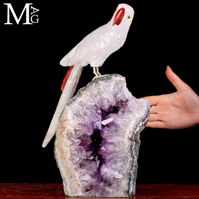 Carved Rock Crystal Parrot with Vibrant Red Quartz...