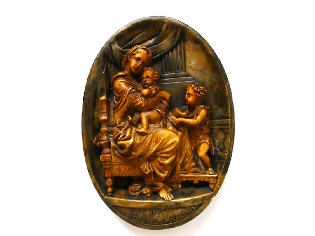 Plaquette - Relief plaque of the Madonna with the chair - 30.5 cm - Plaster