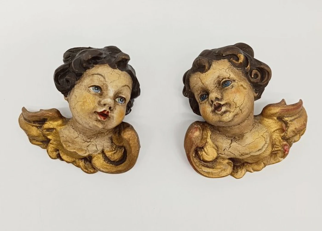 Sculpture, Coppia di putti - 13 cm - Polychrome wood