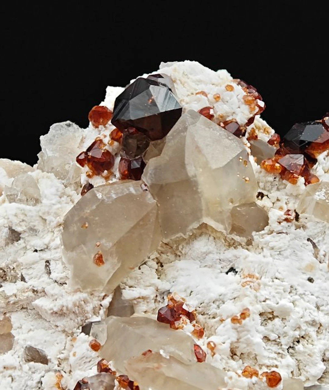 COARSE RED AND ORANGE SPESSARTINE with QUARTZ Crystals on...