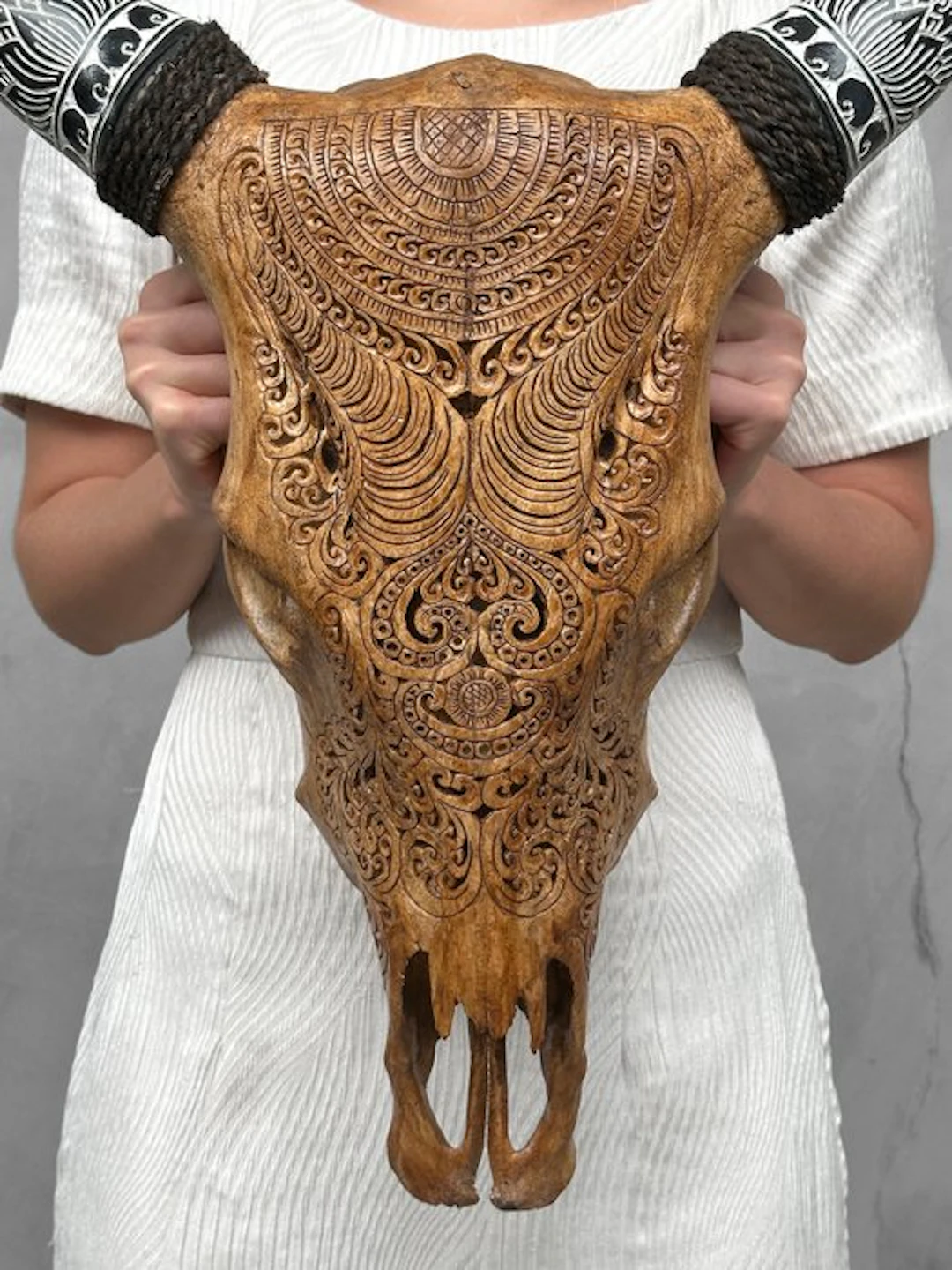 NO RESERVE PRICE - Brown Carved Cow Skull with Bohemian...