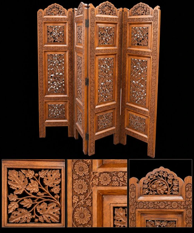 Folding screen - Burr walnut - Kashmiri room screen 1915