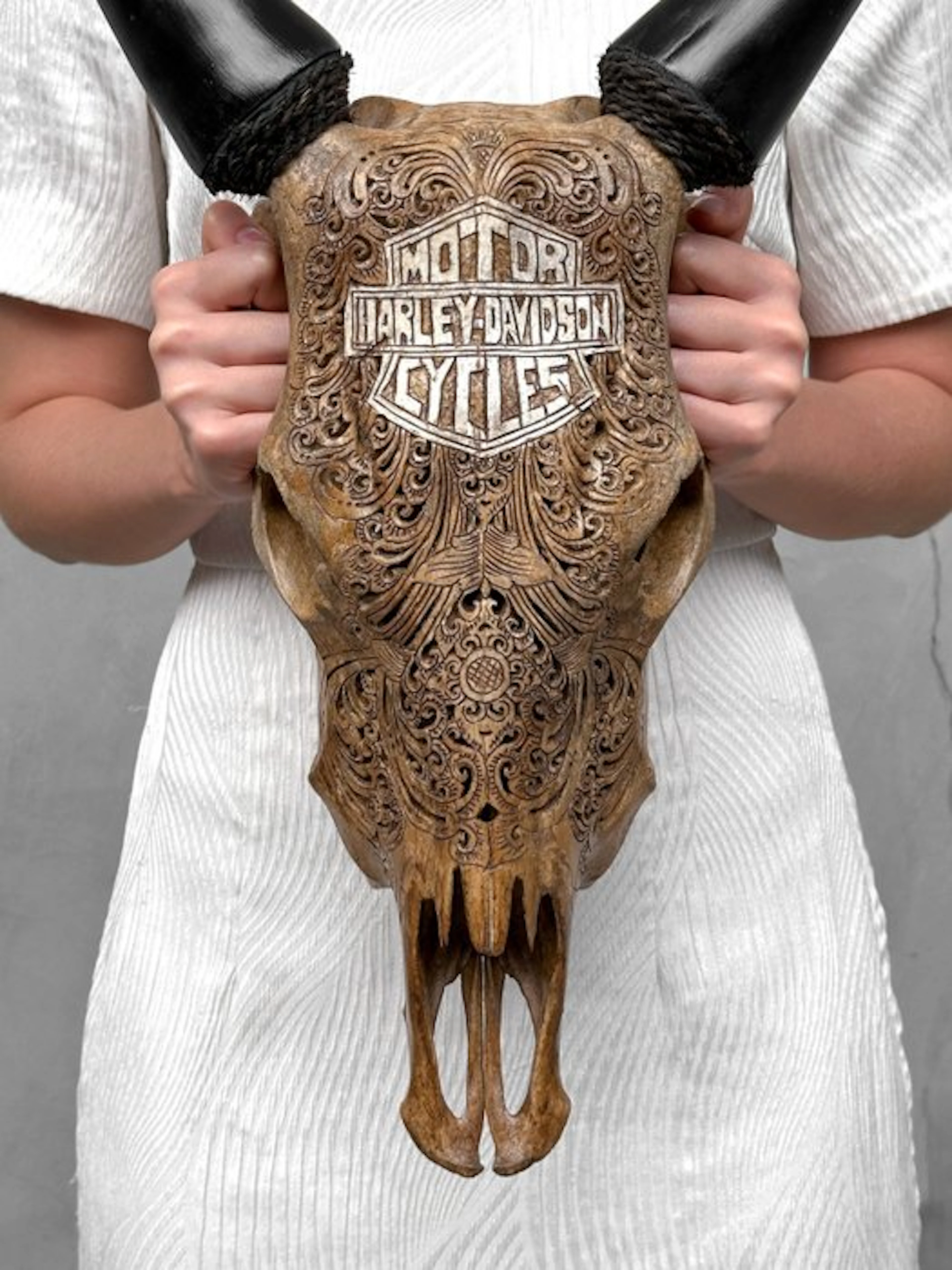 NO RESERVE PRICE - Authentic Hand-carved Brown Cow Skull...
