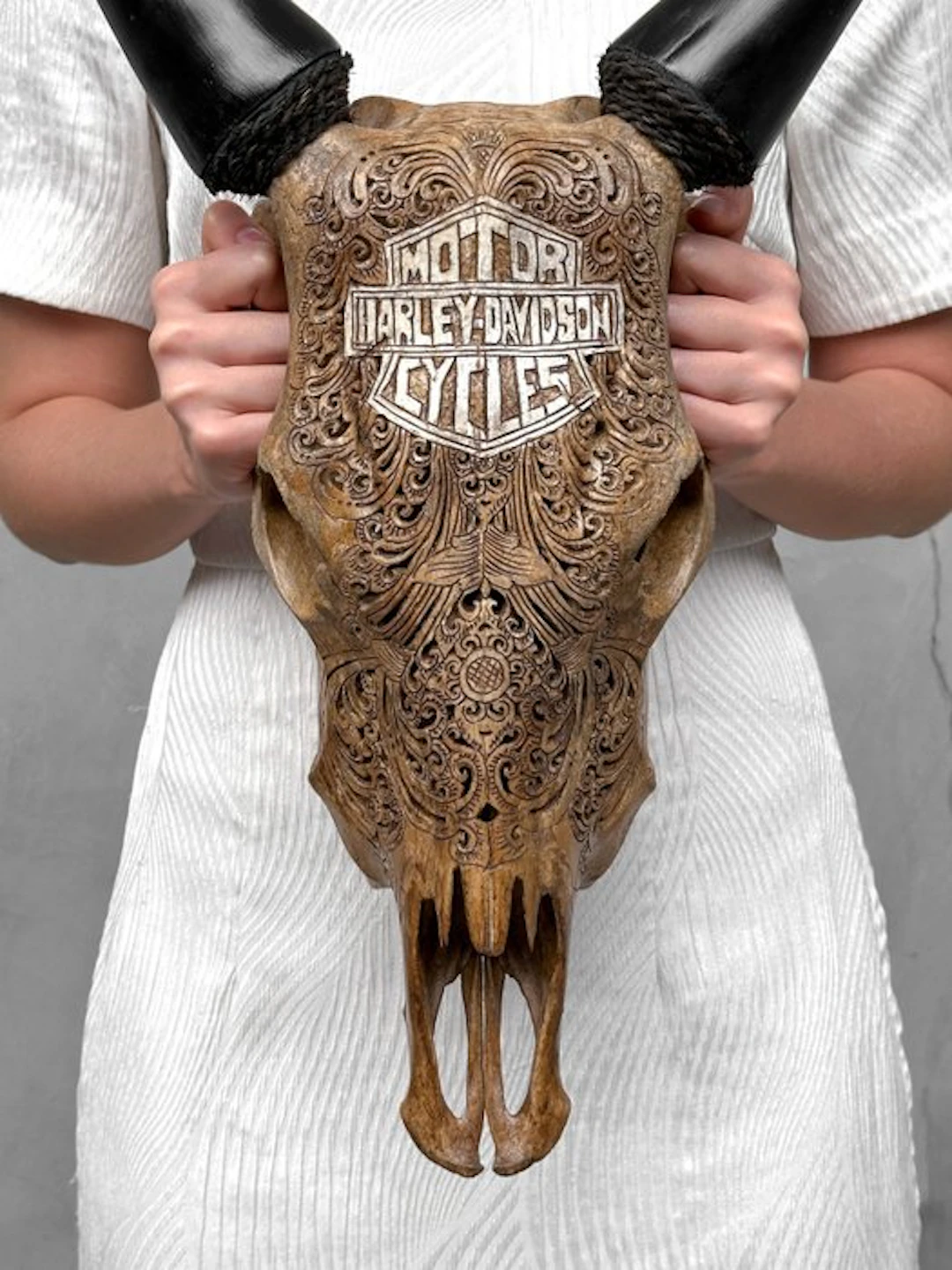NO RESERVE PRICE - Authentic Hand-carved Brown Cow Skull...