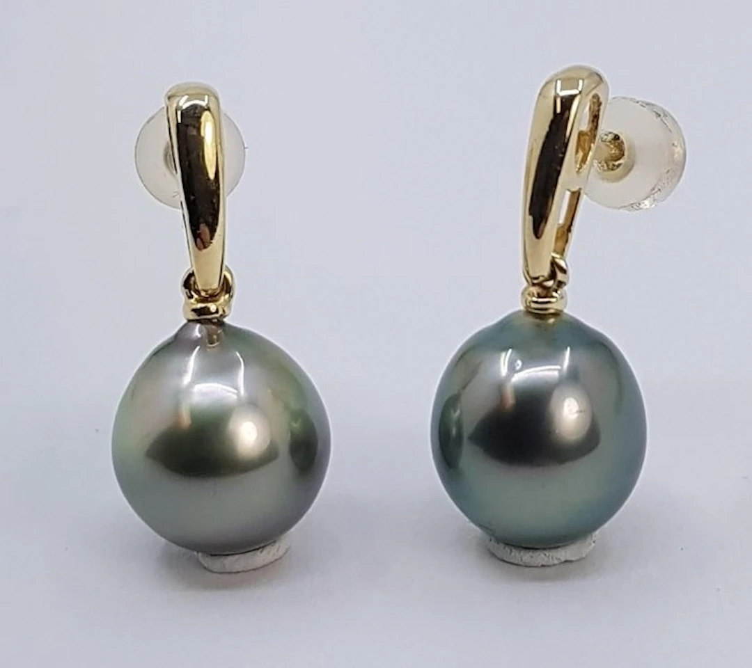 Earrings - 14 kt. Yellow gold - 10x11mm Tahitian Pearls