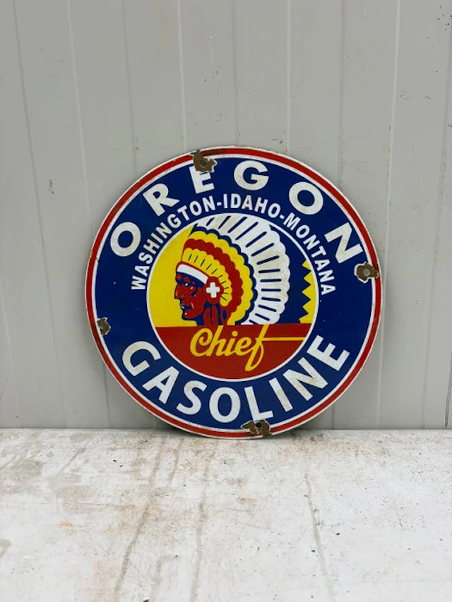 Oregon Chief Gasoline – Emaille Reclamebord Petroliana - Enamel sign - Enamel