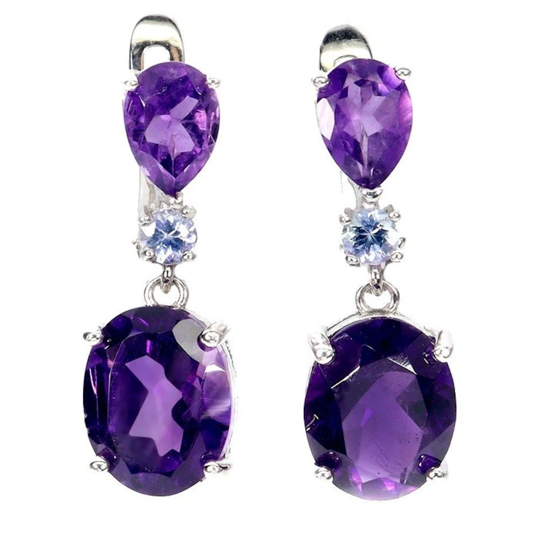 No reserve price - Earrings Silver, 14K White Gold plated - Amethyst, Tanzanite