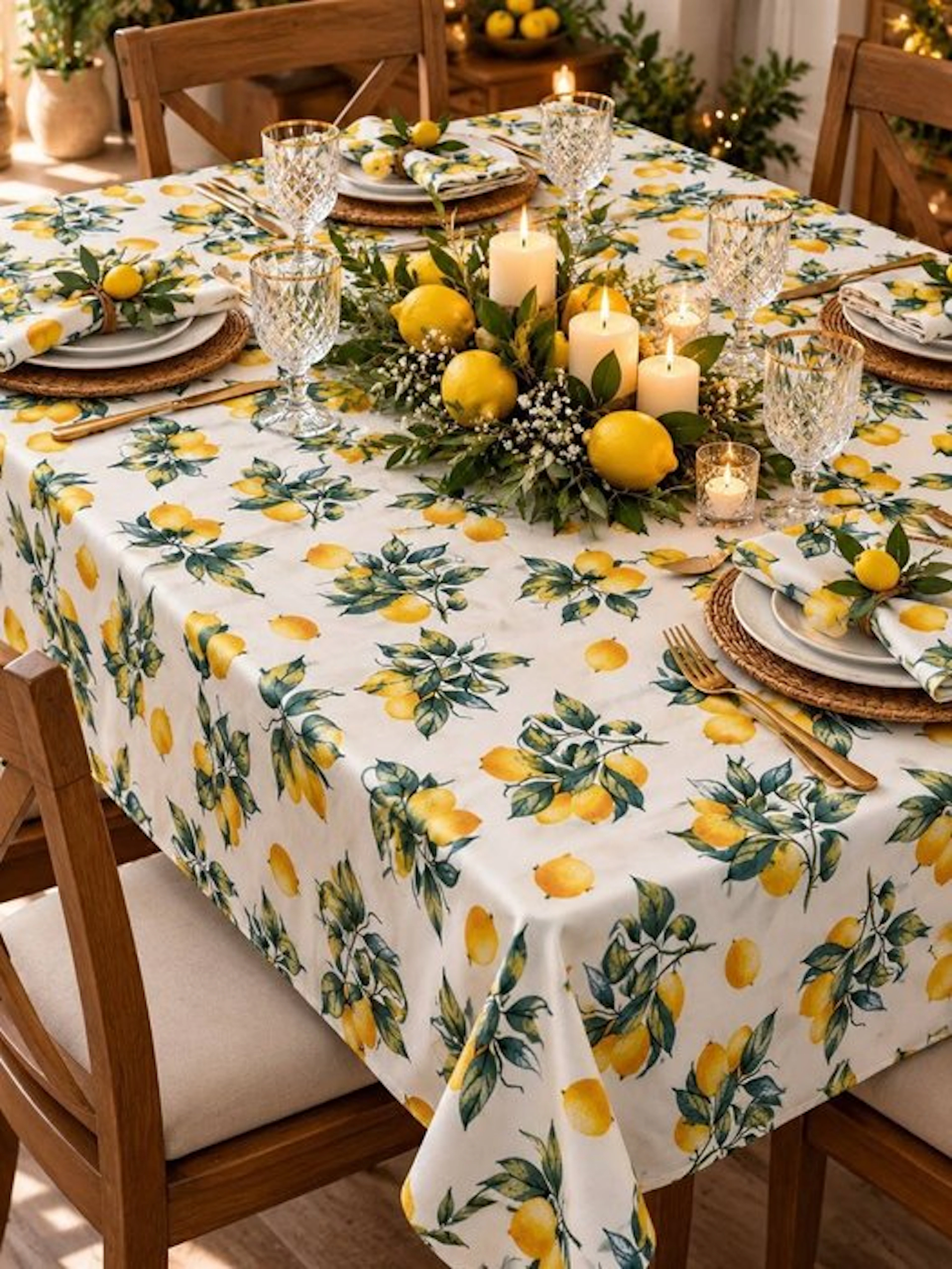 Elegant tablecloth with a Mediterranean Amalfi motif featuring lemons