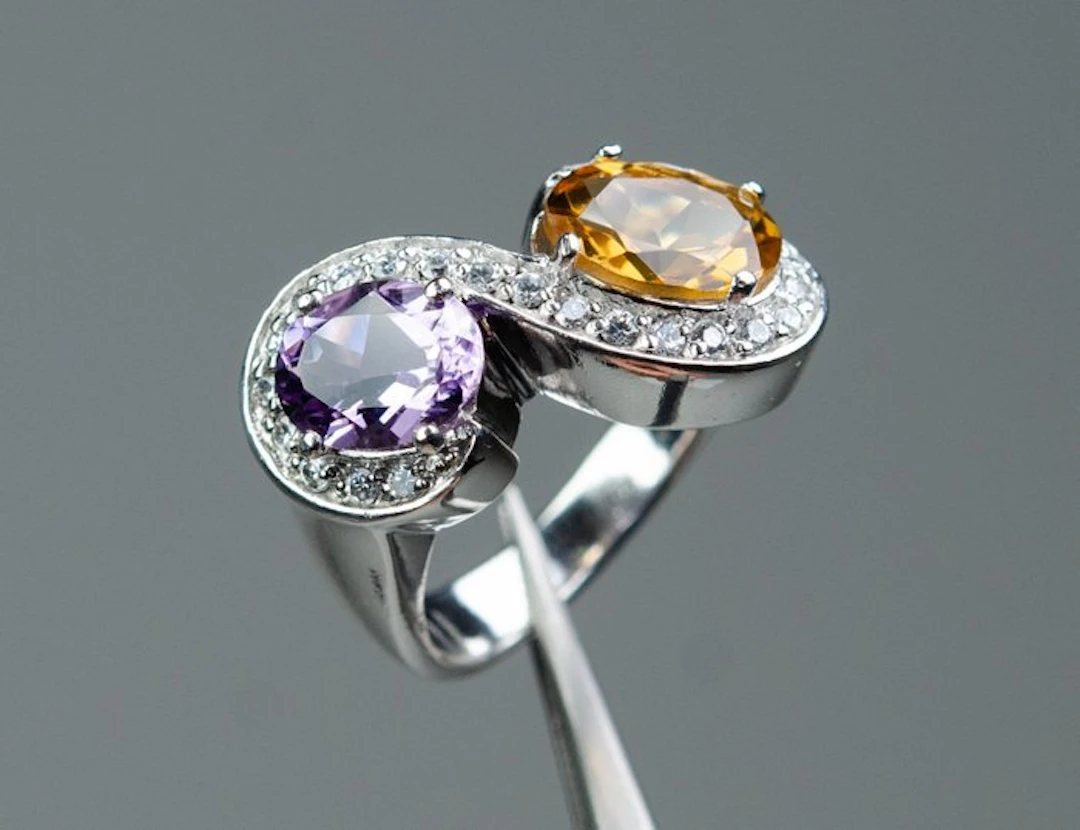 No reserve price - Ring - 925 silver - Amethyst - Citrine