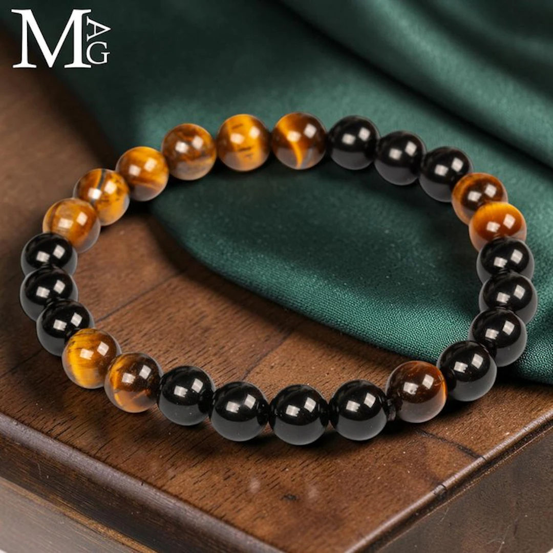 Elastic Bracelet with Natural Black Onyx and Tiger Eye...
