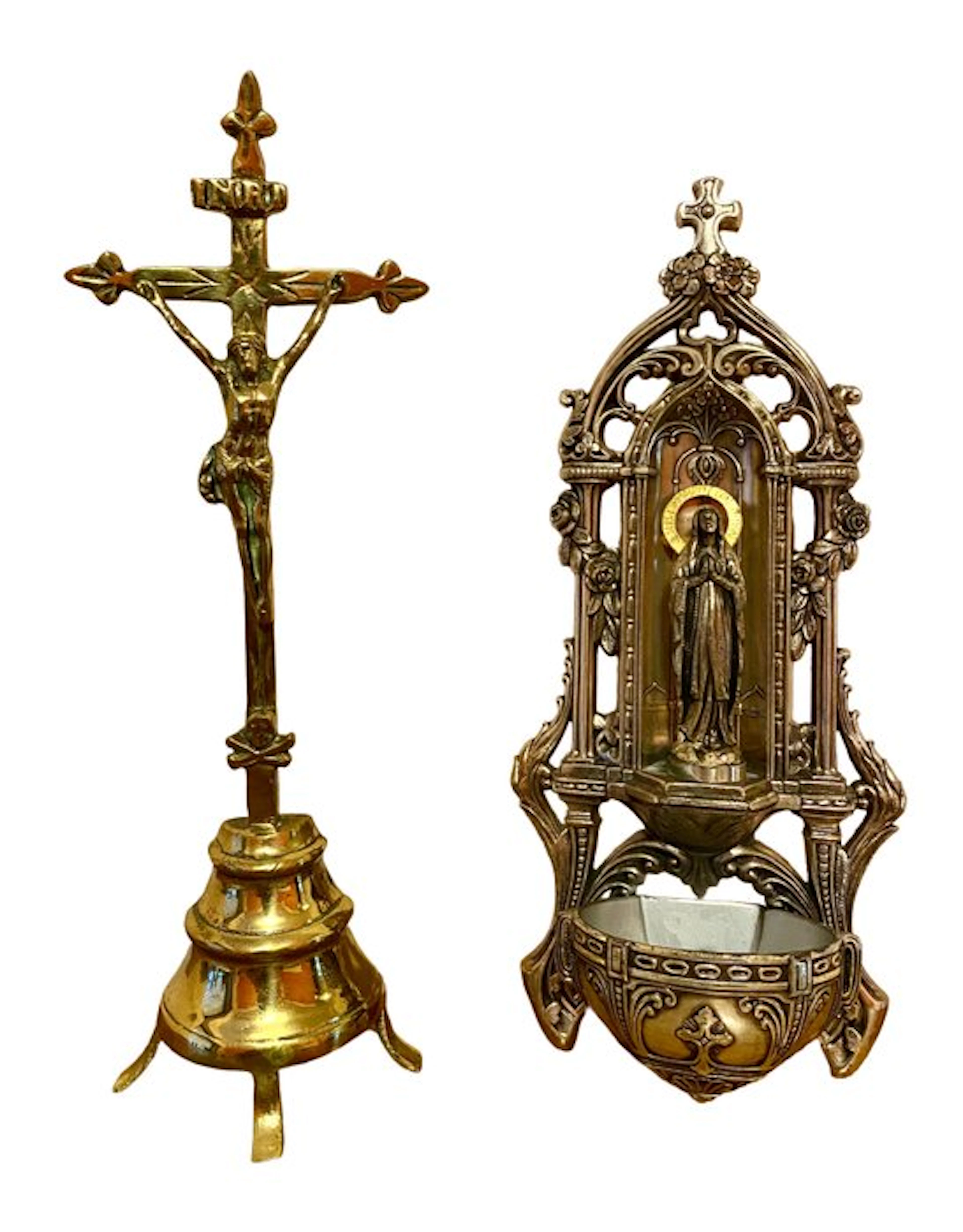 Crucifix with Holy Water Font (2) - Brass, Tin - 20th century