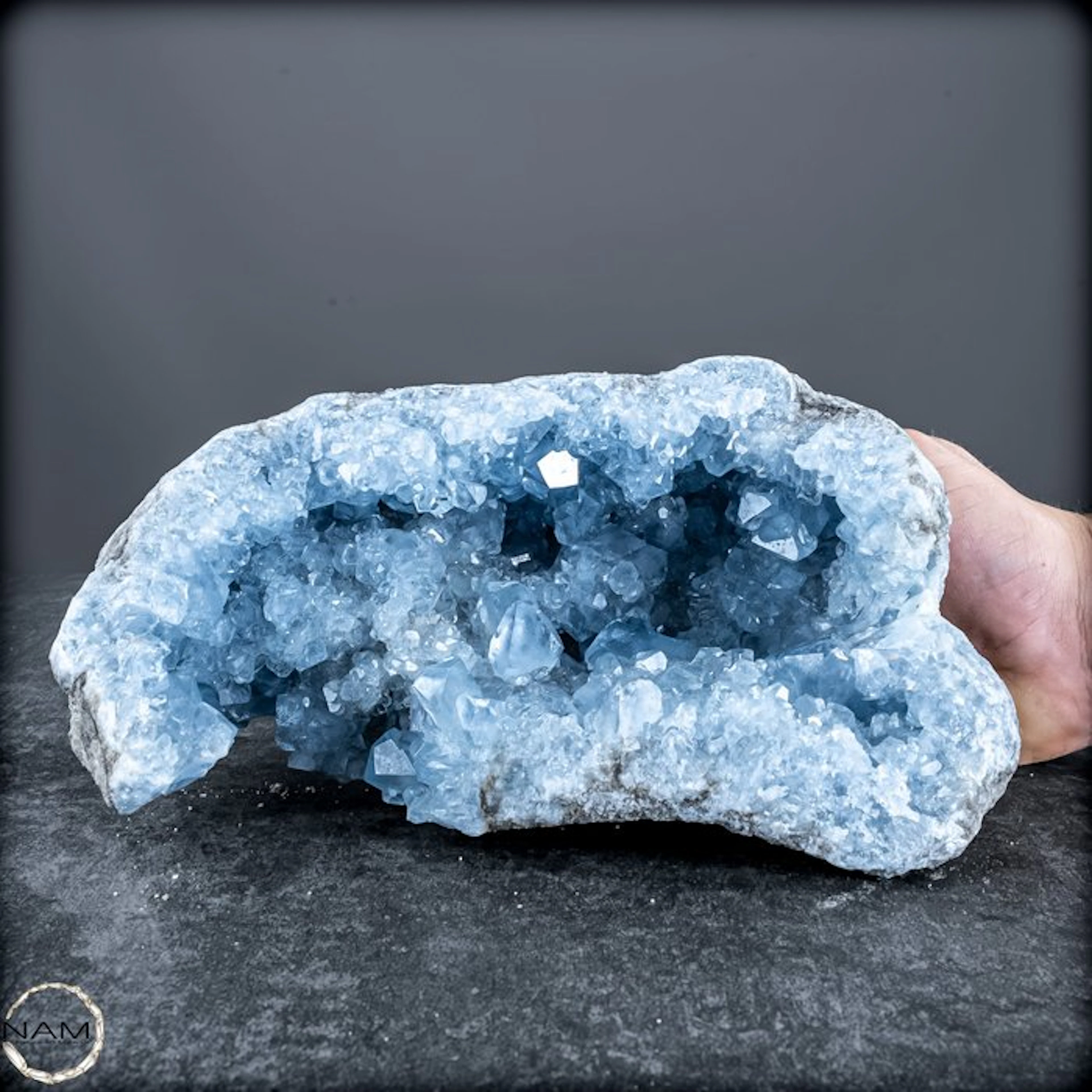 Natural celestite druses from Madagascar – a sky-blue...
